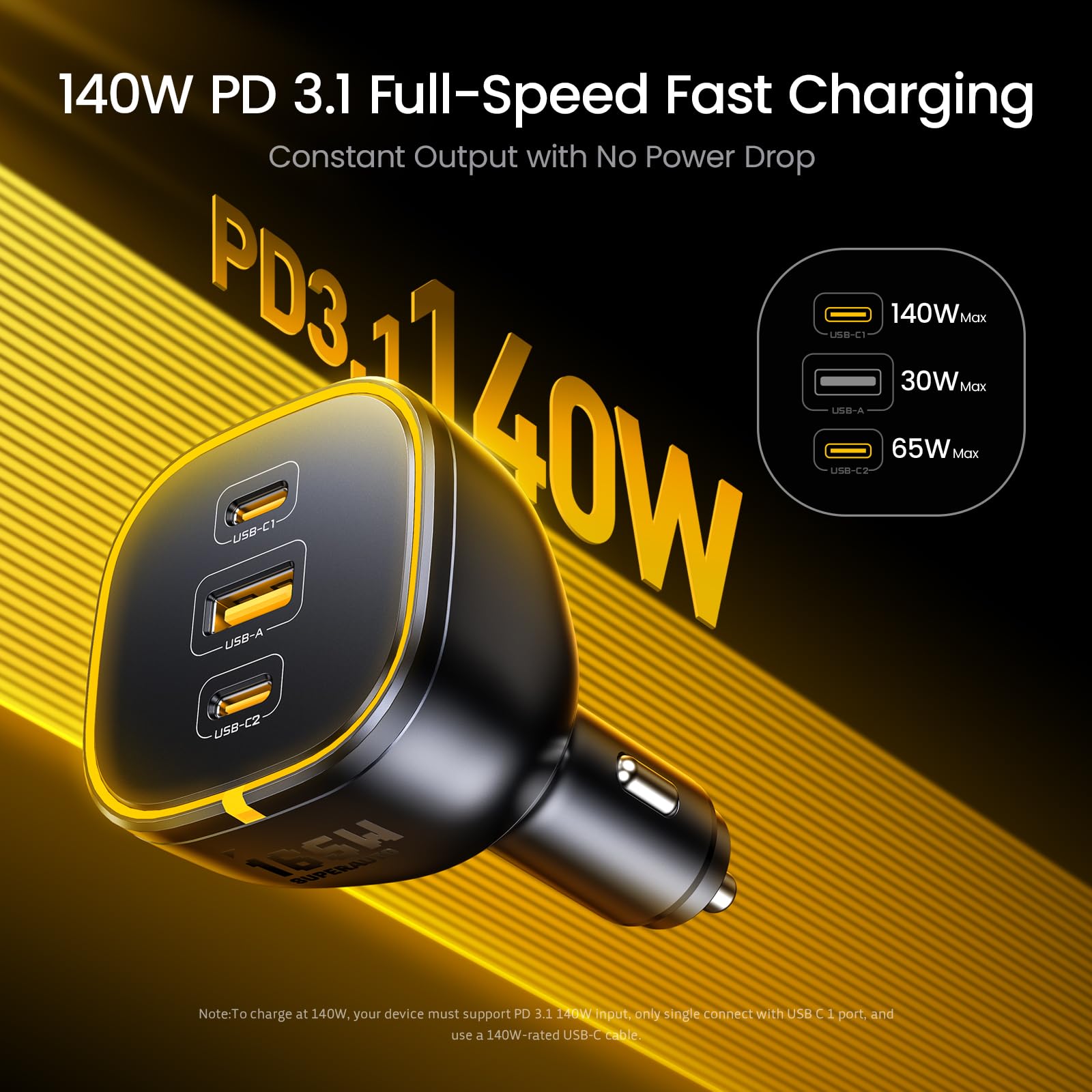 AOHI 165W Laptop Car Charger Adapter 140W PD 3.1/ 100W PD 3.0 USB C Super Fast Charging PPS 45W 3-Ports QC5.0 Car Lighter Charger for MacBook Pro, iPhone 16/15, Galaxy S24 Ultra, iPad, Black