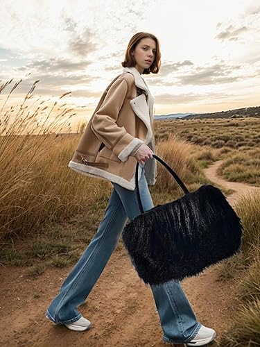 Miniatura 6 de Piel de lana al ras mongol del cordero real de lujo de las mujeres con el bolso de las manijas del cuero genuino