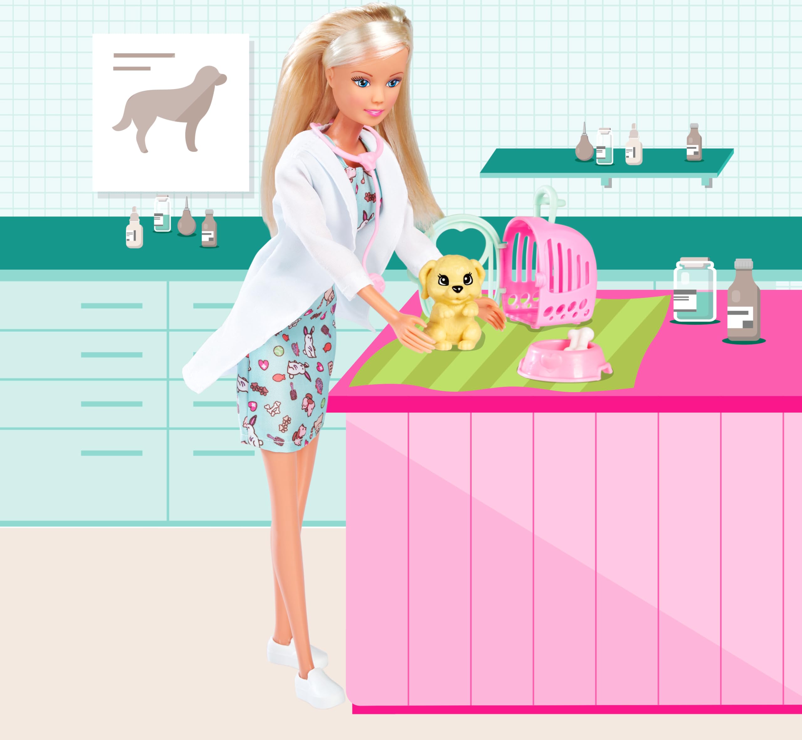 Steffi Love Vet Pet, lalka do zabawy jako weterynarz, opiekuje się małym psem, z torbą do noszenia, miską i kością, 29 cm, od 3 lat