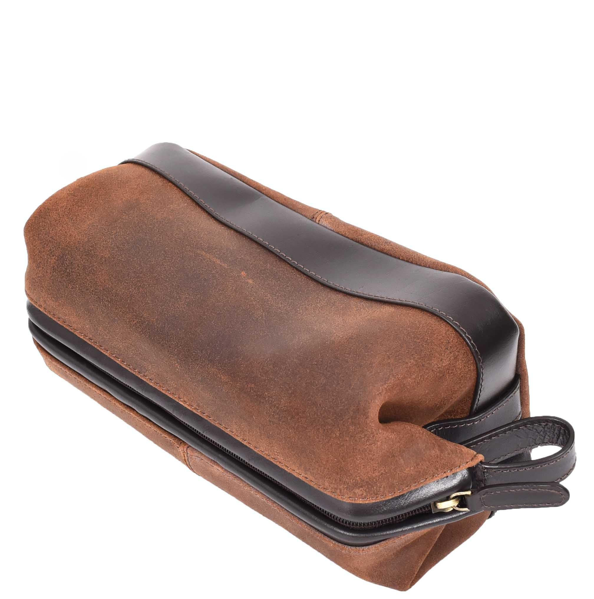 Skórzana kosmetyczka w stylu vintage zestaw do golenia Dopp z uchwytem do noszenia HLG77 brązowa, Brązowy, L, Kosmetyczka