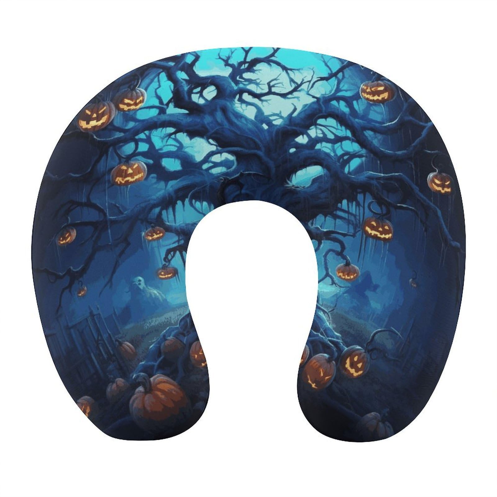 Btcowzrv Style Halloween Pumpkin Tree Blue U Shaped Neck Pillow Travel Pillows