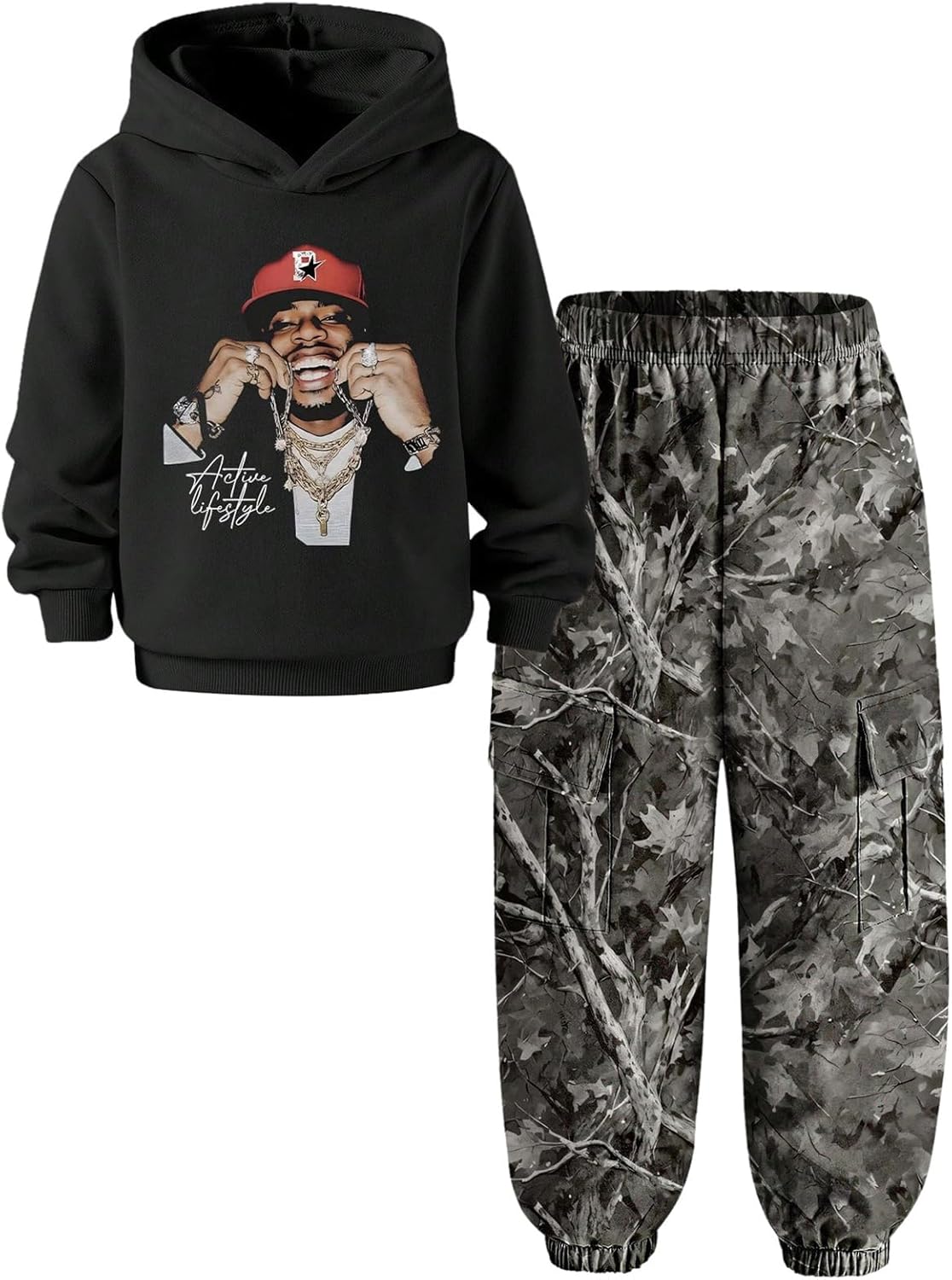 SOLY HUX Toddler Boy's 2 Piece Outfits Y2k Graphic Long Sleeve Hoodie Sweatshirt and Camo Cargo Jogger Pants Streetwear