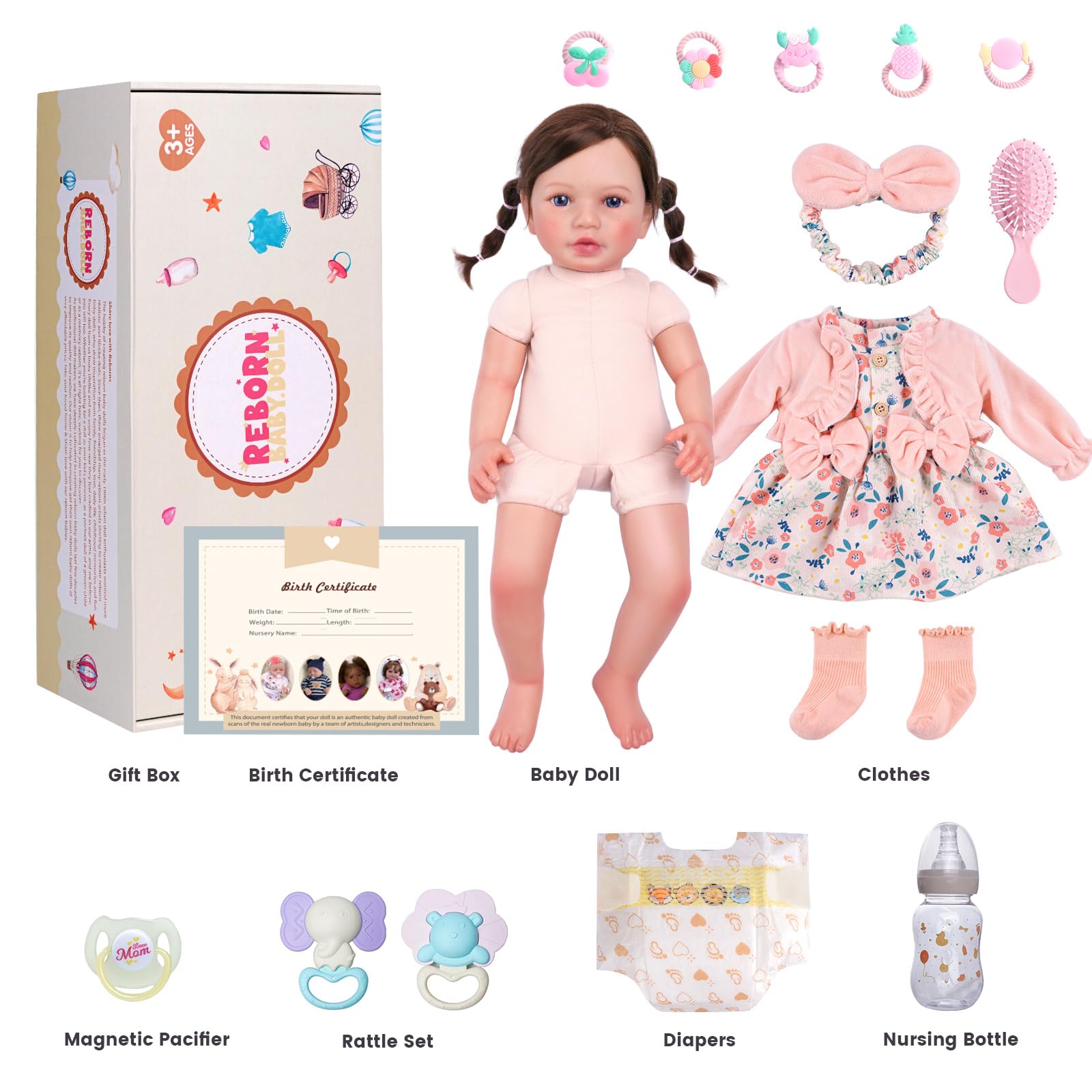 BABESIDE Bambole Reborn Femmina - 20 Pollici 50 cm Bambola Realistica con Capelli Lunghi e Corpo in Tessuto Morbido, Con Abito e Accessori, Regalo per Bambini dai 3 Anni in Su