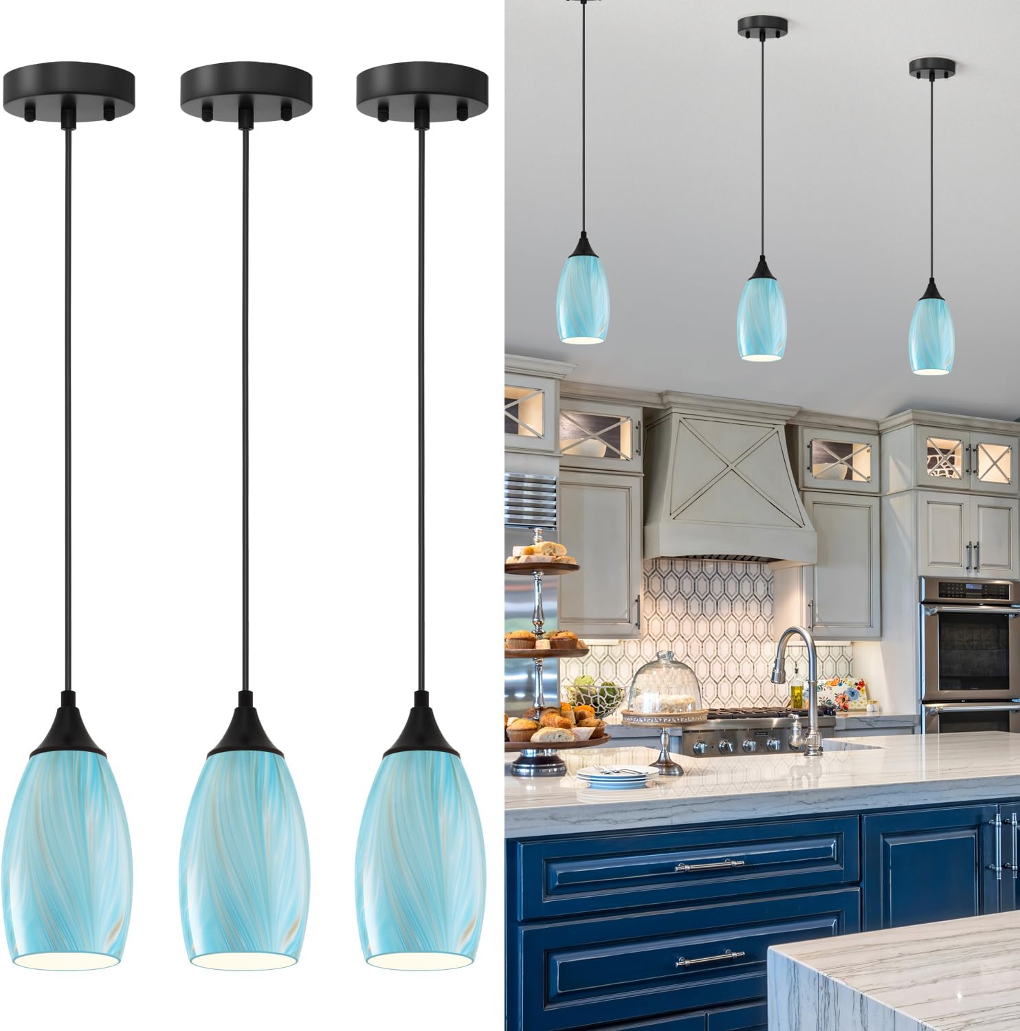 ANYLOVE Vintage Art Blue-Gold Pendant Lighting,3-Pack Hand Glass Hanging Light Fixture,Adjustable Cord for Kitchen,Hallway,Dining Room