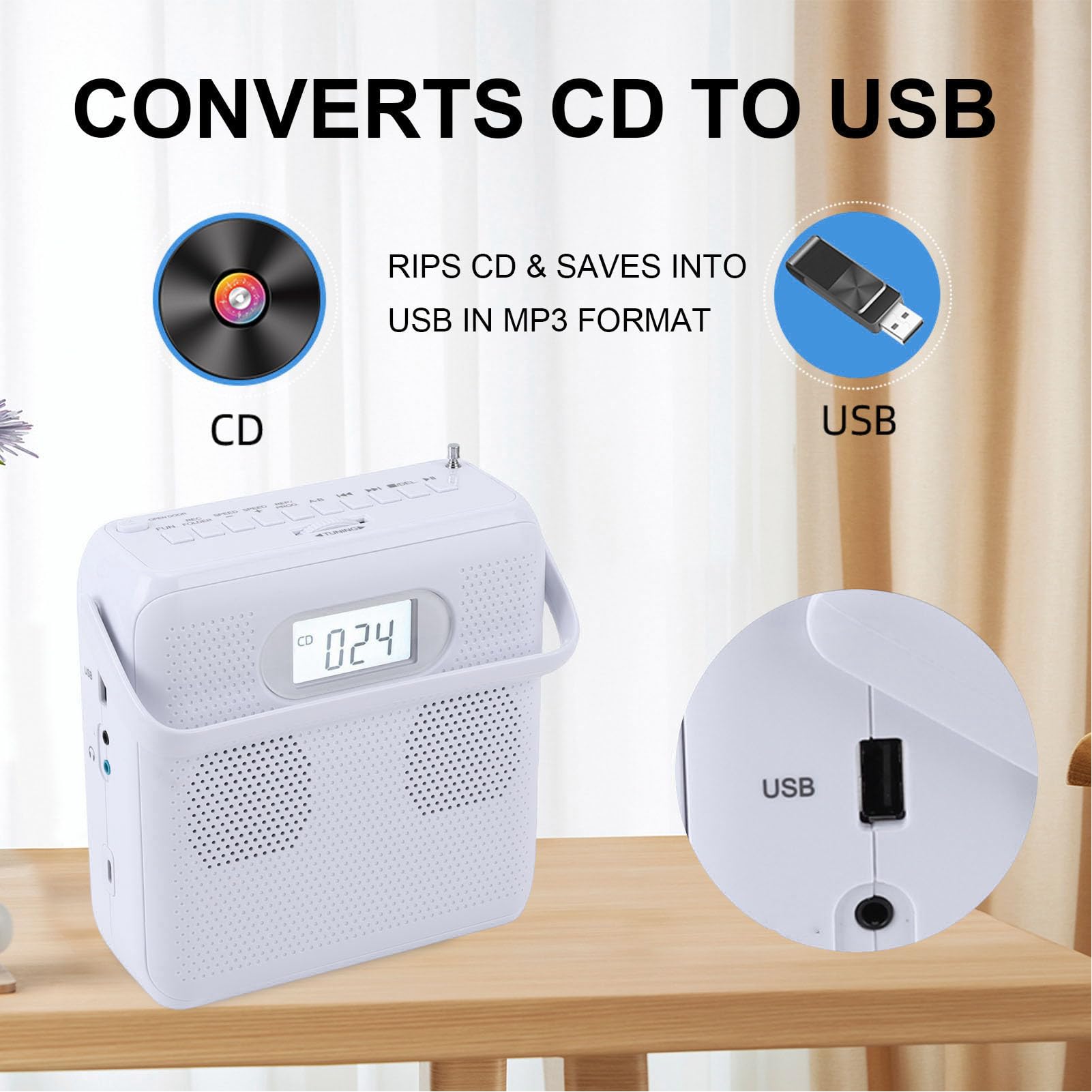 Fabater Przenośny Odtwarzacz CD, Domowy Odtwarzacz Muzyki CD do Samochodu, Obsługa Radia FM USB AUX MP3, Głośniki HiFi