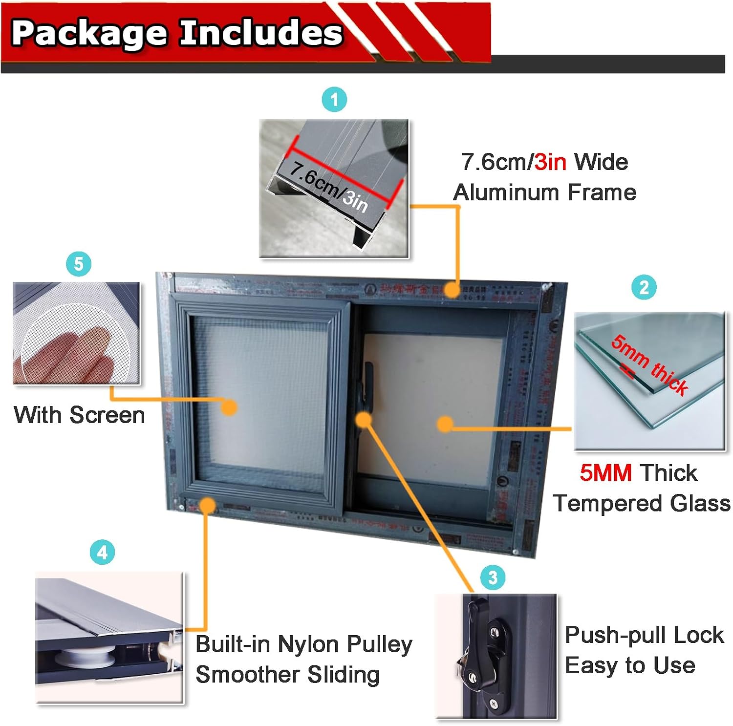 Durable Aluminum Sliding Window Replacement for Basement, Bathroom, Shed - 37x20in Tempered Glass, Energy Efficient, Easy Install with Screws