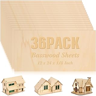 Riakrum 36 Pack 12×24×1/8 Basswood Sheets for Crafts, Laser Cutting Wood Board, Unfinished Plywood Square Panels for DIY Models, Wood Burning, Painting