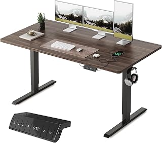 FEZIBO 電動 昇降デスク USB-A/Type-C付き 幅140cm 奥行70cm スタンディングデスク 上下昇降デスク 自動昇降式デスク 高さメモリー機能 静音 pc オフィスデスク テレワーク 昇降範囲72-118cm クルミフレーム/ブラウン天板