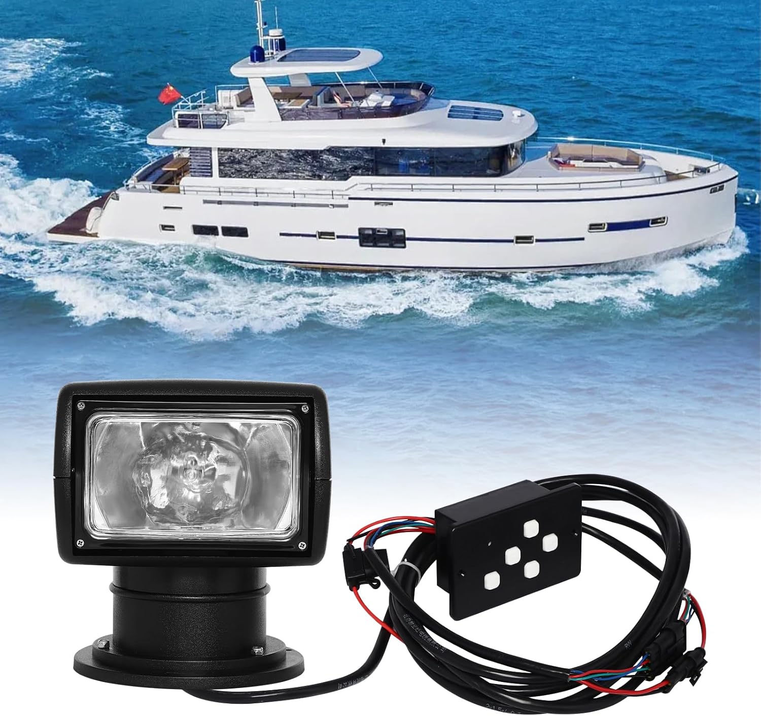 MOCHAG 100W 12V Marine Spotlight Searchlight, 360° Rotate Bulb Spotlight for Boat Truck Car Searchlight Lighting, 2300LM Remote Control Outdoor Emergency Halogen Search Light (Black, Button Panel)