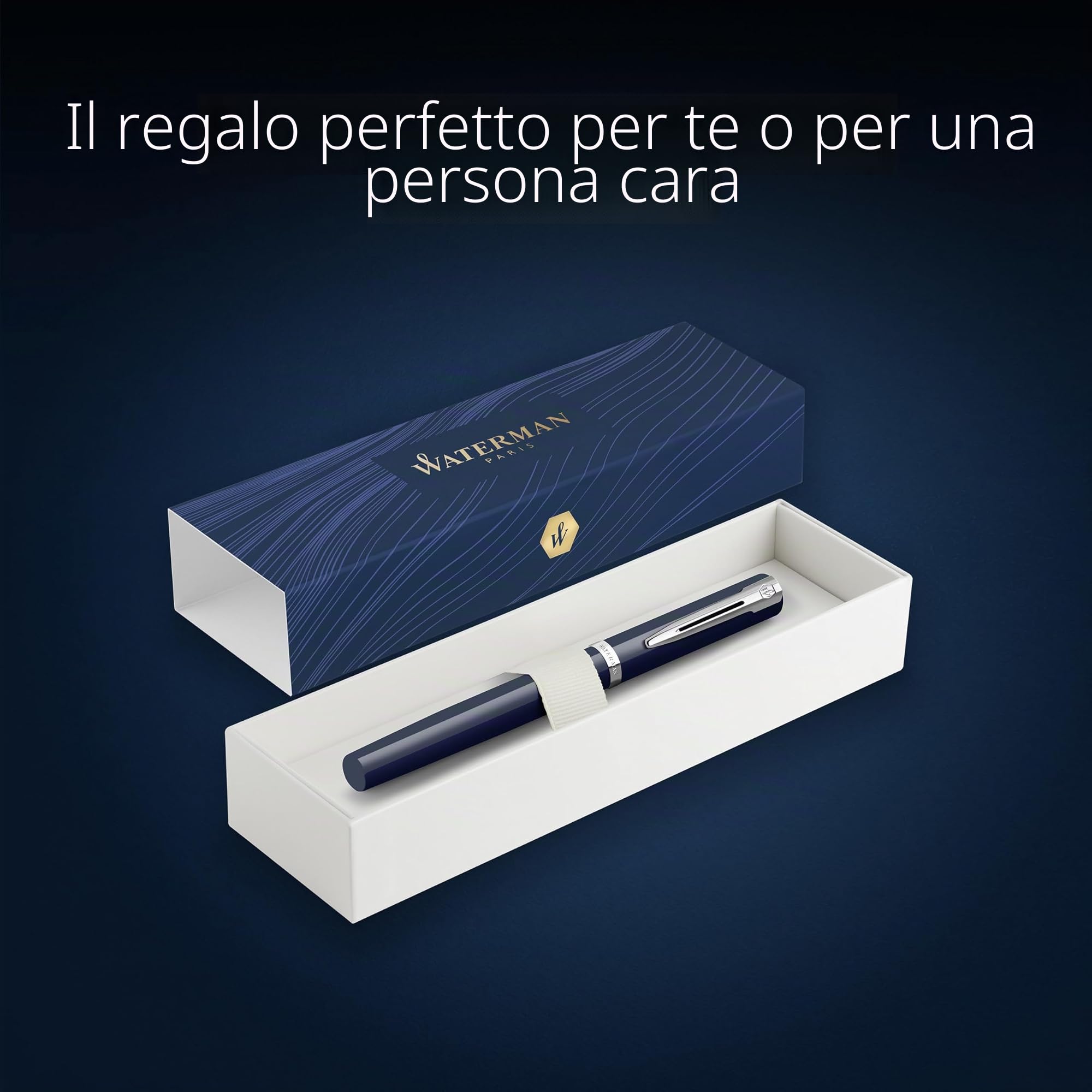 Waterman Impression Penna Stilografica | Pennino Medio con Ricarica di Inchiostro Blu | Lacca Blu con Rifiniture Placcate in Palladio | Confezione regalo