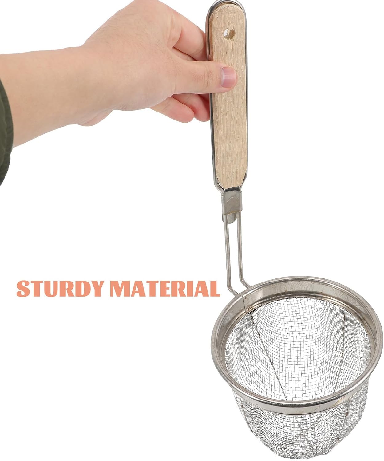 Vaguelly Stainless Steel Metal Strainer Basket Lightweight and Safe Kitchen Cookware Colander for Home Use with Wood Handle for Spaghetti and Noodles