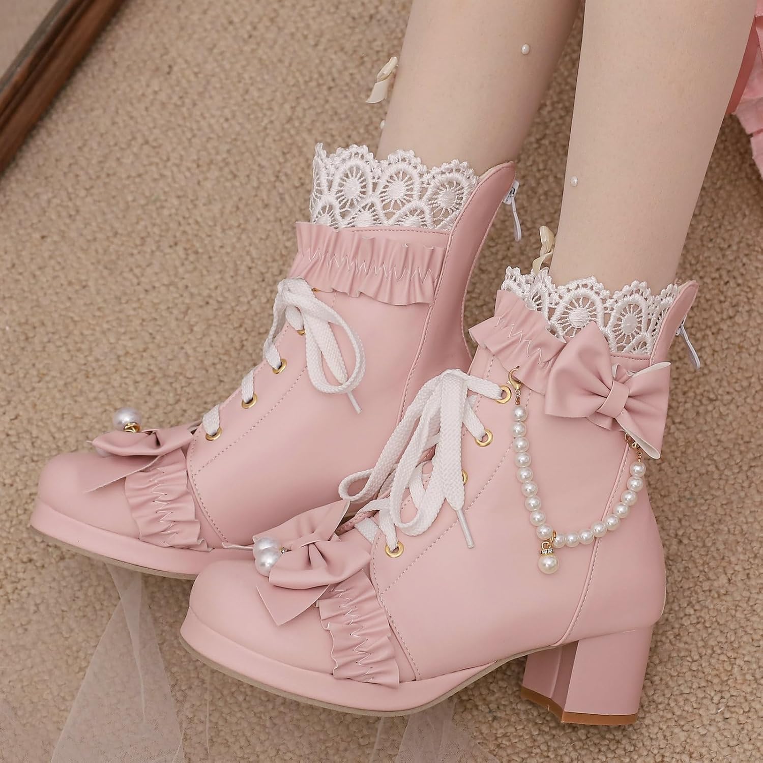 LUXMAX Women Cute Lolita Boots Chunky Mid Heel Ankle Boots with Bow Platform Lace Up Booties with Pearl - Image 7