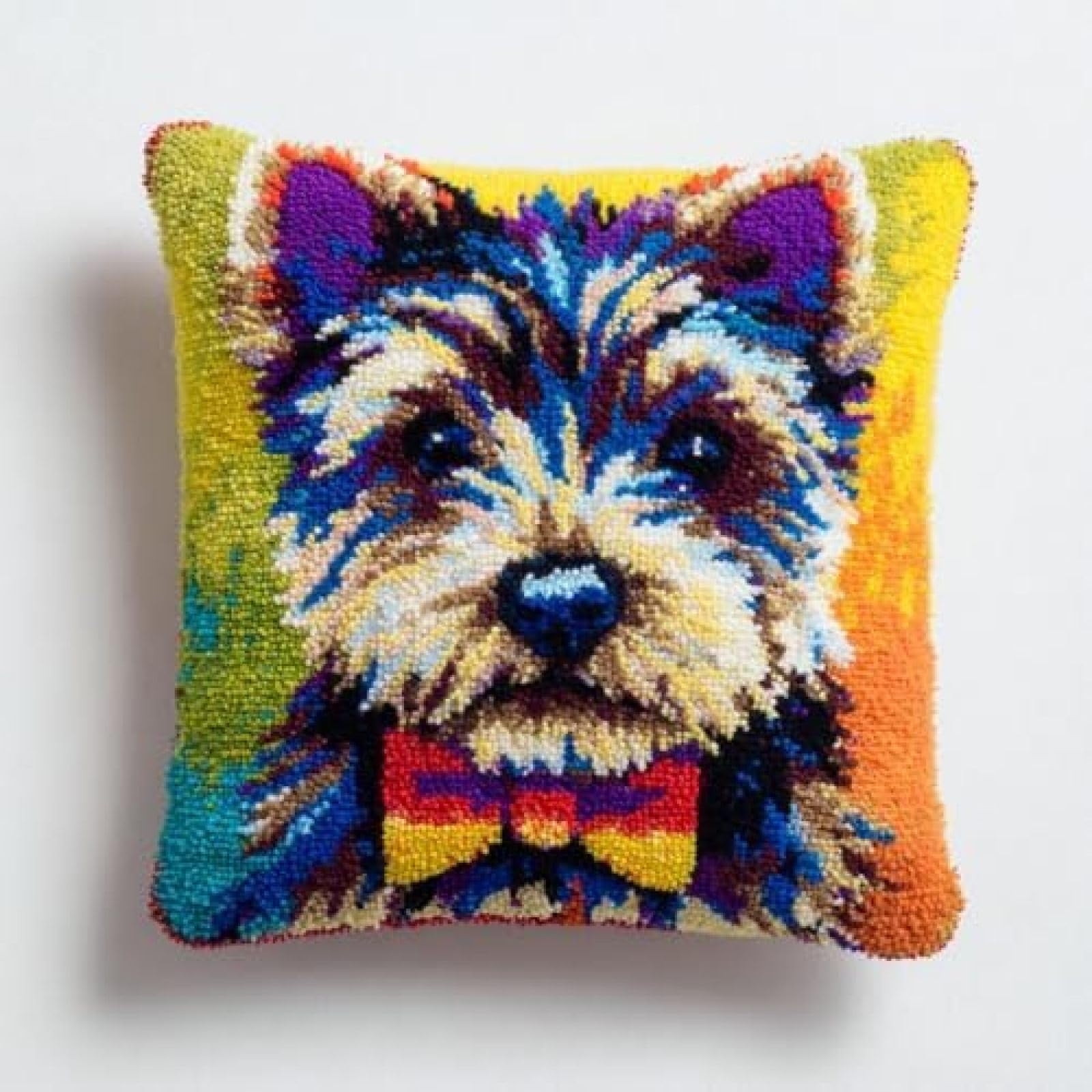 kitphoenix DIY Cushion Cover Latch Hook Kit for Adults Beginners,Cairn Terrier Dog Bow Tie,Pillow Cover Craft Making Kit with Pre-Printed Canvas,Pre-Cut Yarn and Hook,43x43 cm Home Décor Gift