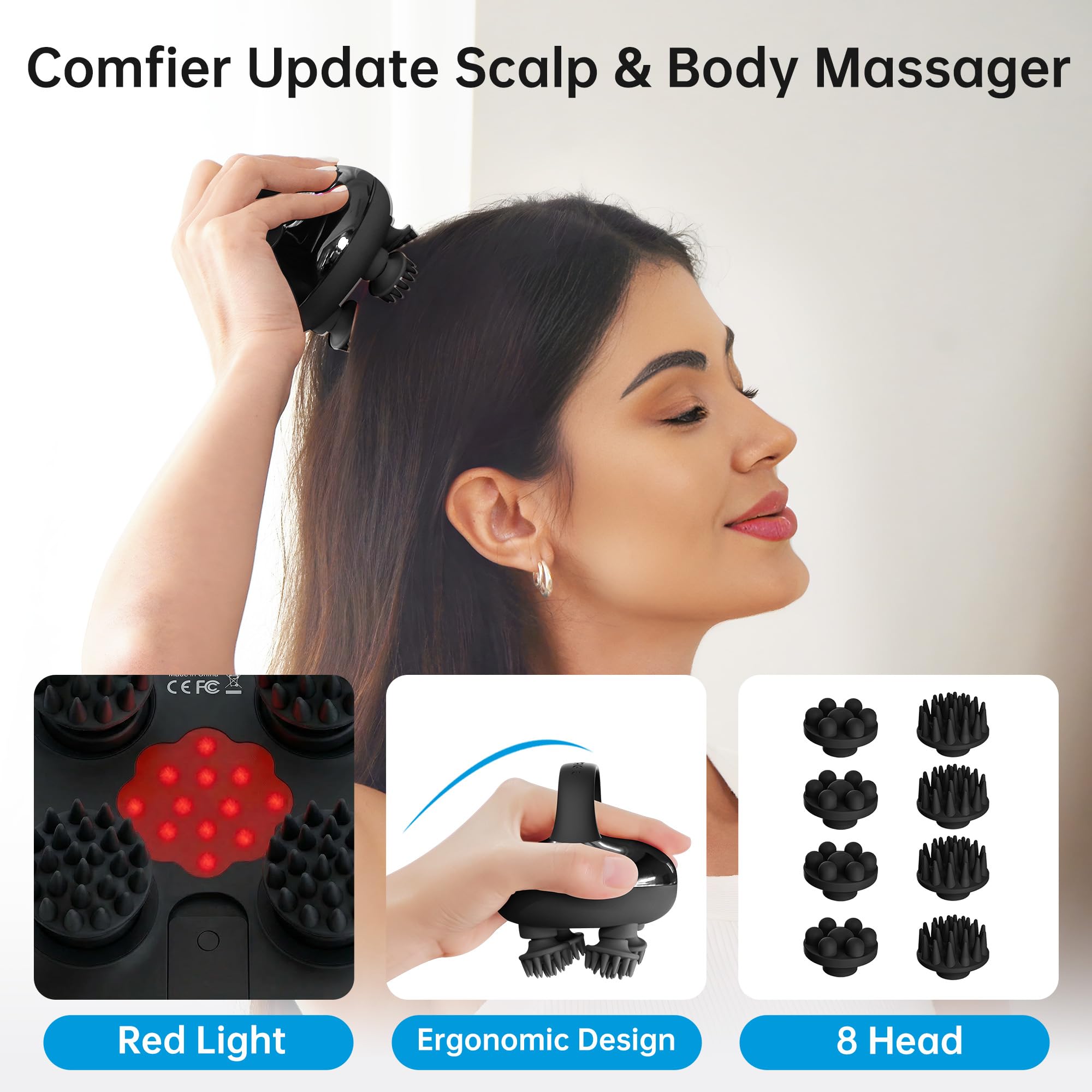 COMFIER Masseur de tête sans fil électrique, 3 modes de pétrissage, étanchéité IPX7, 8 griffes pour un massage tete profond, stimulation capillaire et nettoyage du cuir chevelu, cadeau pour la détente