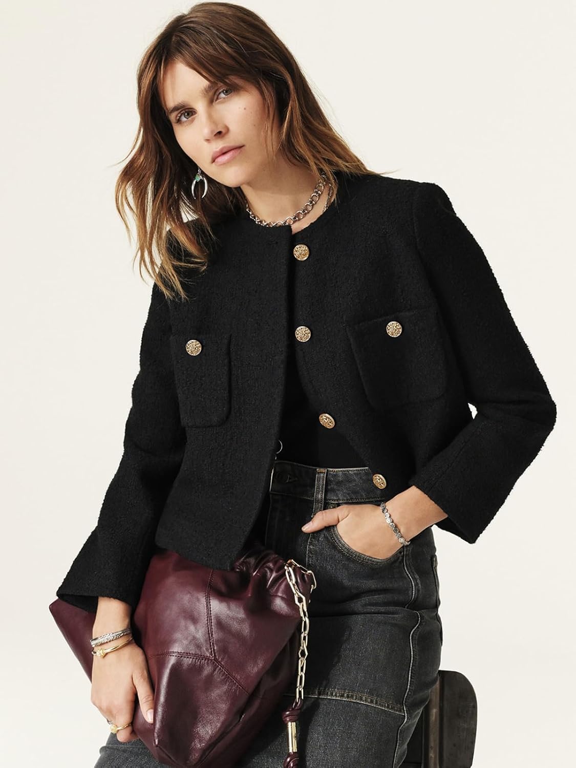 Women's Tweed Blazers Long Sleeve Business Button Down Casual Cropped Blazer Jackets with Pockets - Image 3