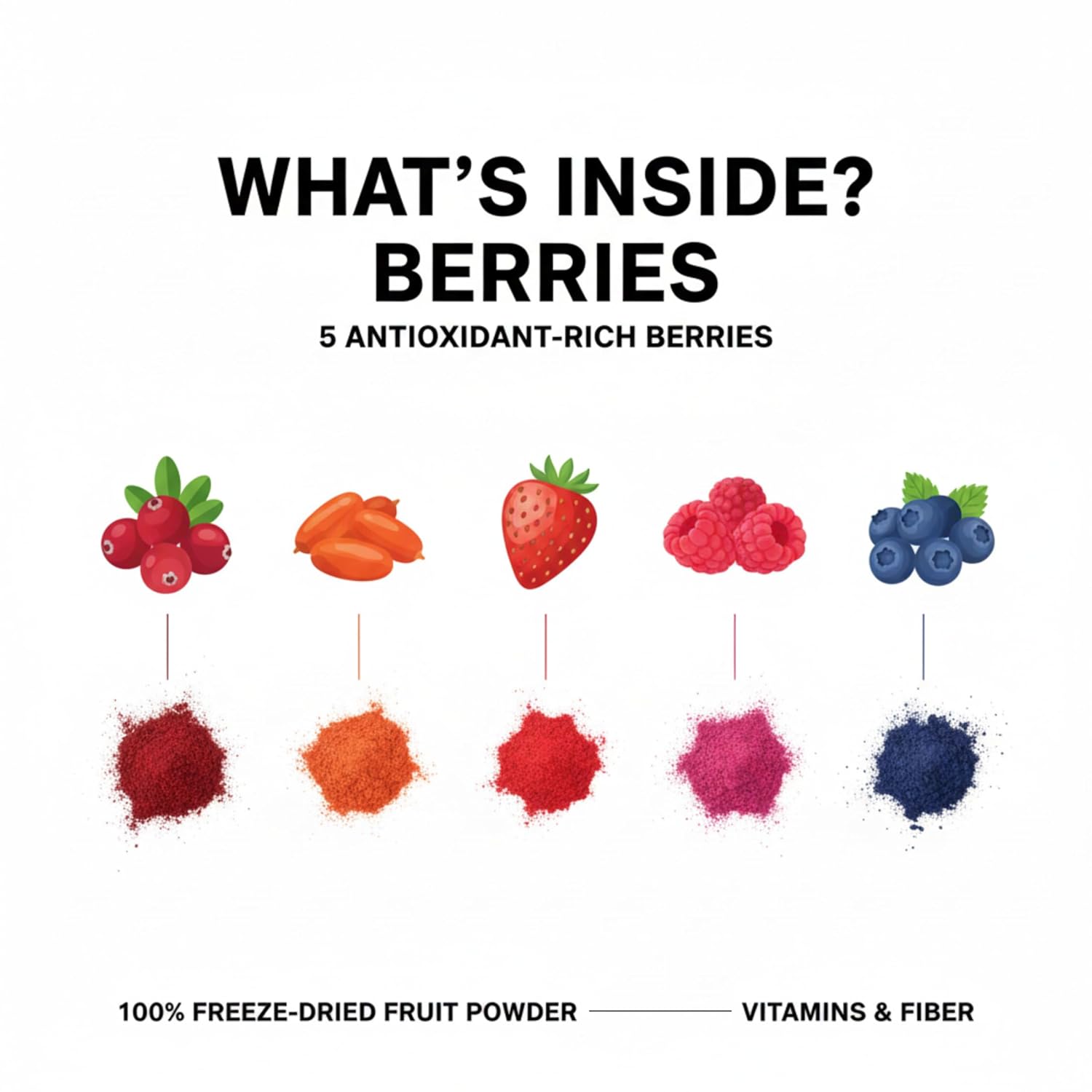 Organic Freeze-Dried Berry Fruit Powder Variety Pack | 5 Flavors, 20 Packets, 100 g | No Sugar, Non-GMO | For Smoothies and Baking | Goji Berry, Strawberry, Blueberry, Cranberry, Raspberry