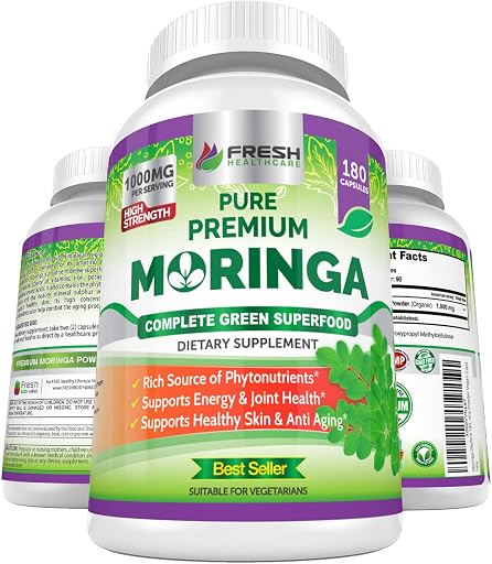 FRESH HEALTHCARE Moringa Capsules - 100% Pure Leaf Powder Supplement, 180 Pills, Non-GMO, 3 Month Supply, Complete Green Superfood for Energy, Skin, Immune and Gut Health Support