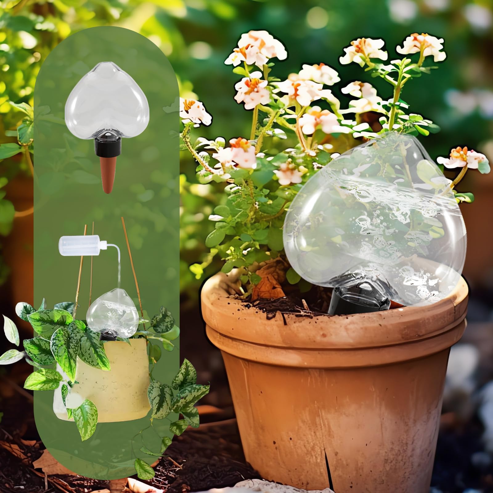 Lot de 6 globes d'arrosage automatique en forme de cœur avec système d'arrosage goutte à goutte à libération lente pour plantes d'intérieur et d'extérieur.
