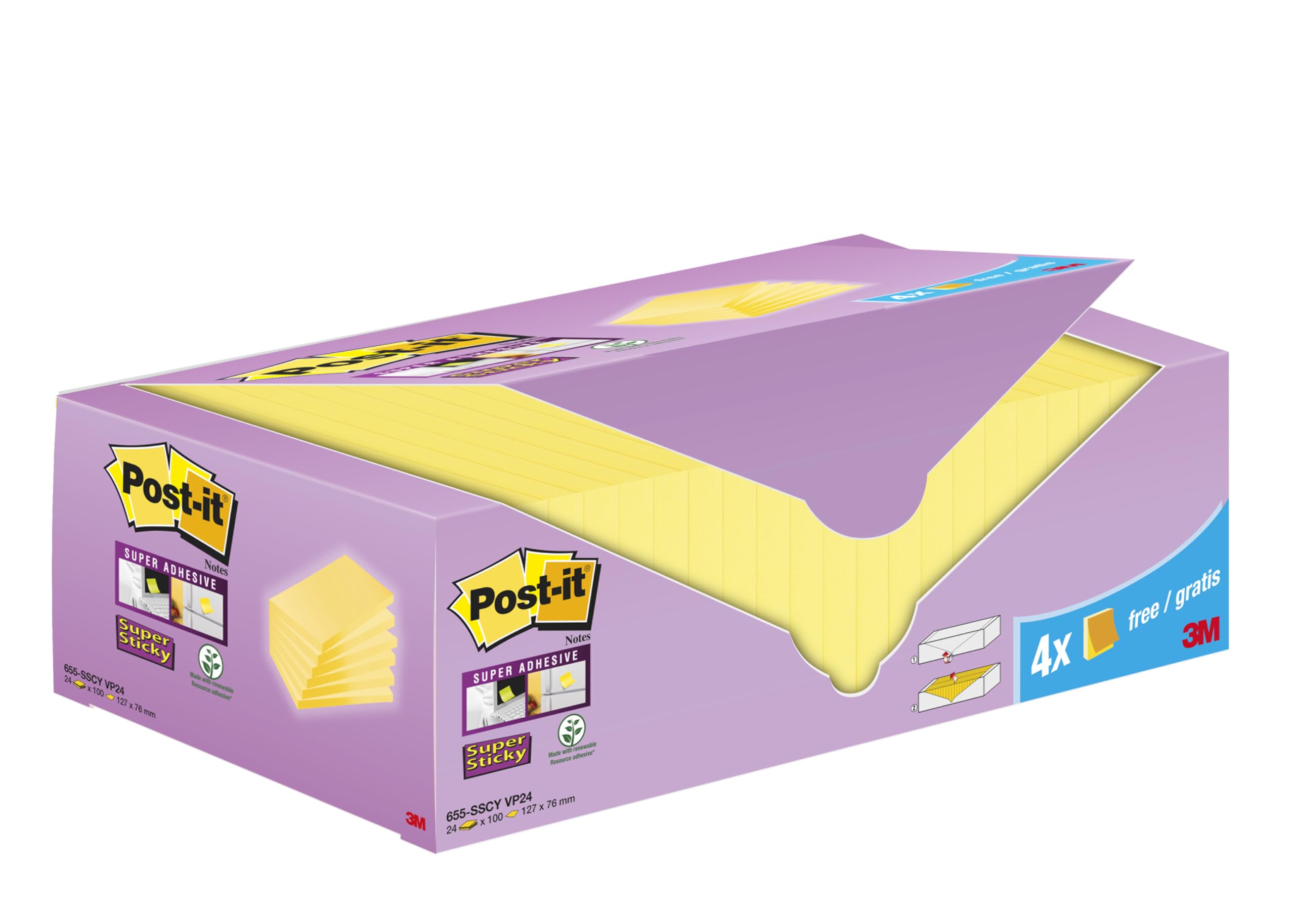 Post-it Notes Super Sticky, 24 Blocs (2160 Feuilles), 127 mm x 76 mm, Jaune
