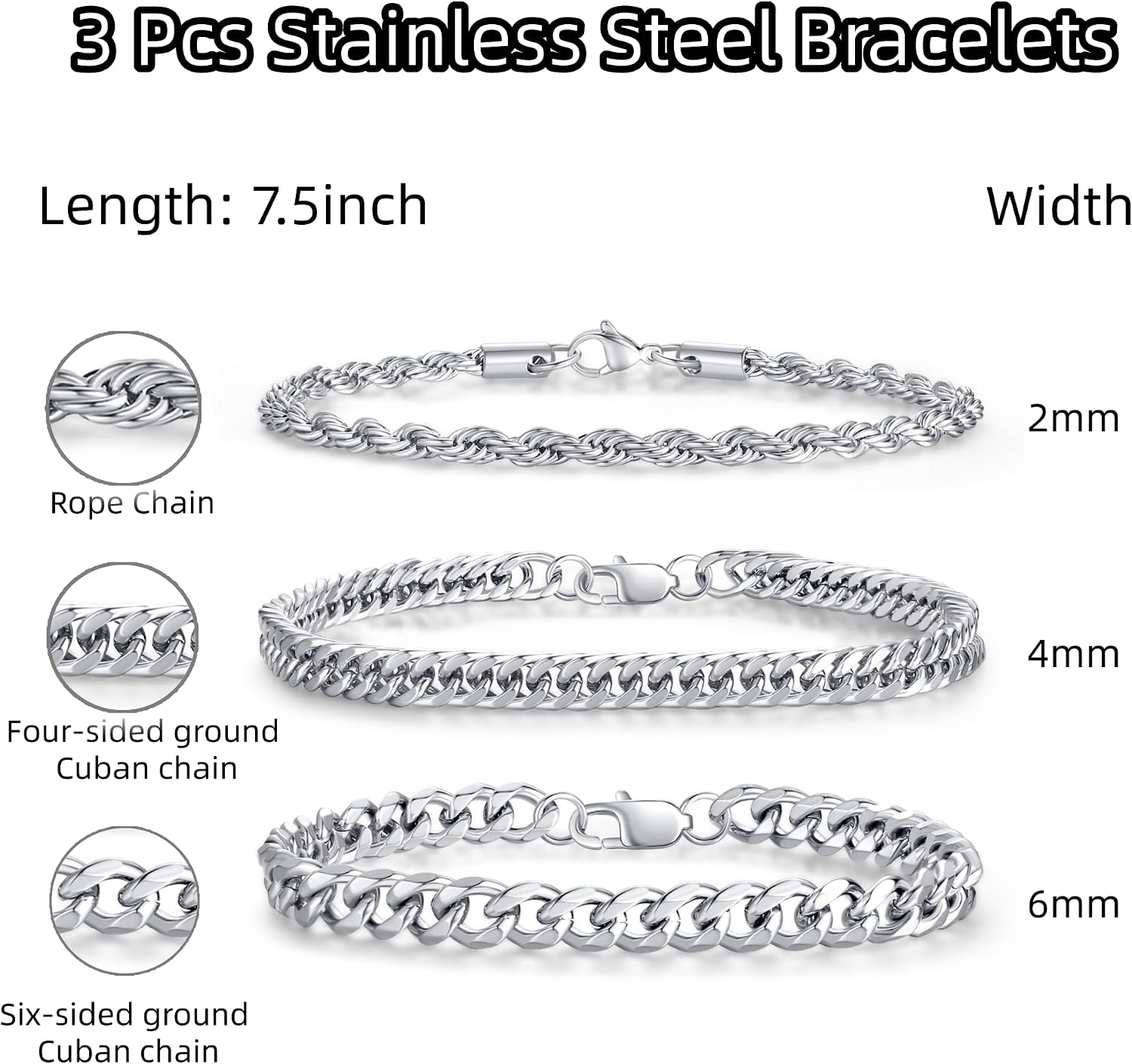 Stainless Steel Bracelets for Men, Gold/Silver Mens Chain Bracelet 7.5/8.3/9 Inches Mens Stainless Steel Cuban Link Bracelets Set 3Pcs (Include Card)