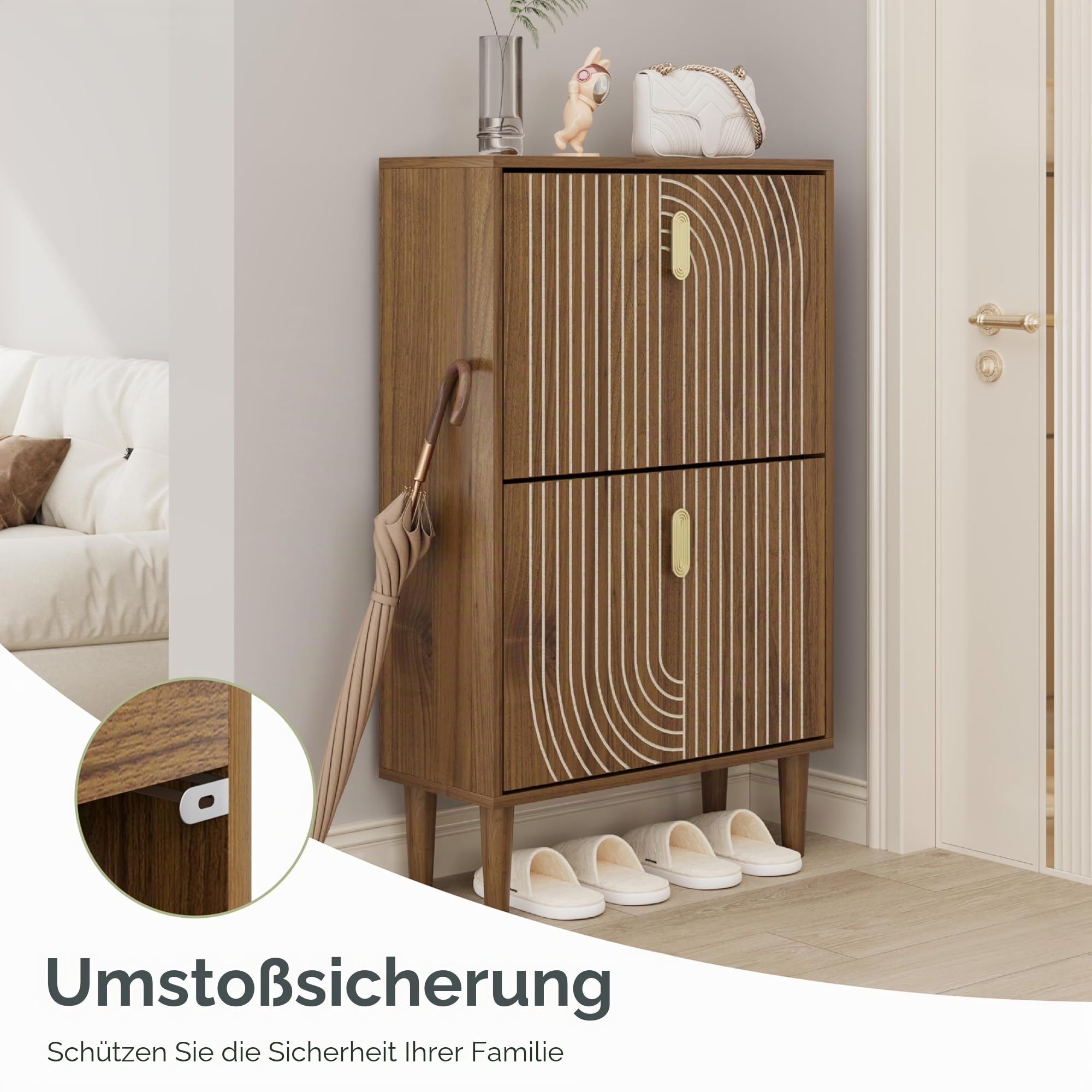 Smuxee Schuhschrank mit 2 Klappfächern, 60 cm Nussbaum Optik Schuhschrank mit Rillendesign, freistehender Schuhorganizer für Flur, Diele & Wohnzimmer