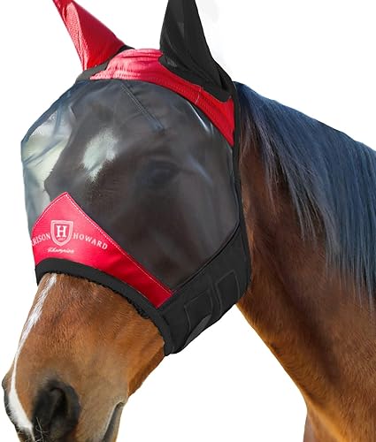 Vista 22 de Harrison Howard Máscara de mosca de caballo luminosa profesional estándar con orejas, protección UV, para caballos, azul y plateado, mazorca mediana