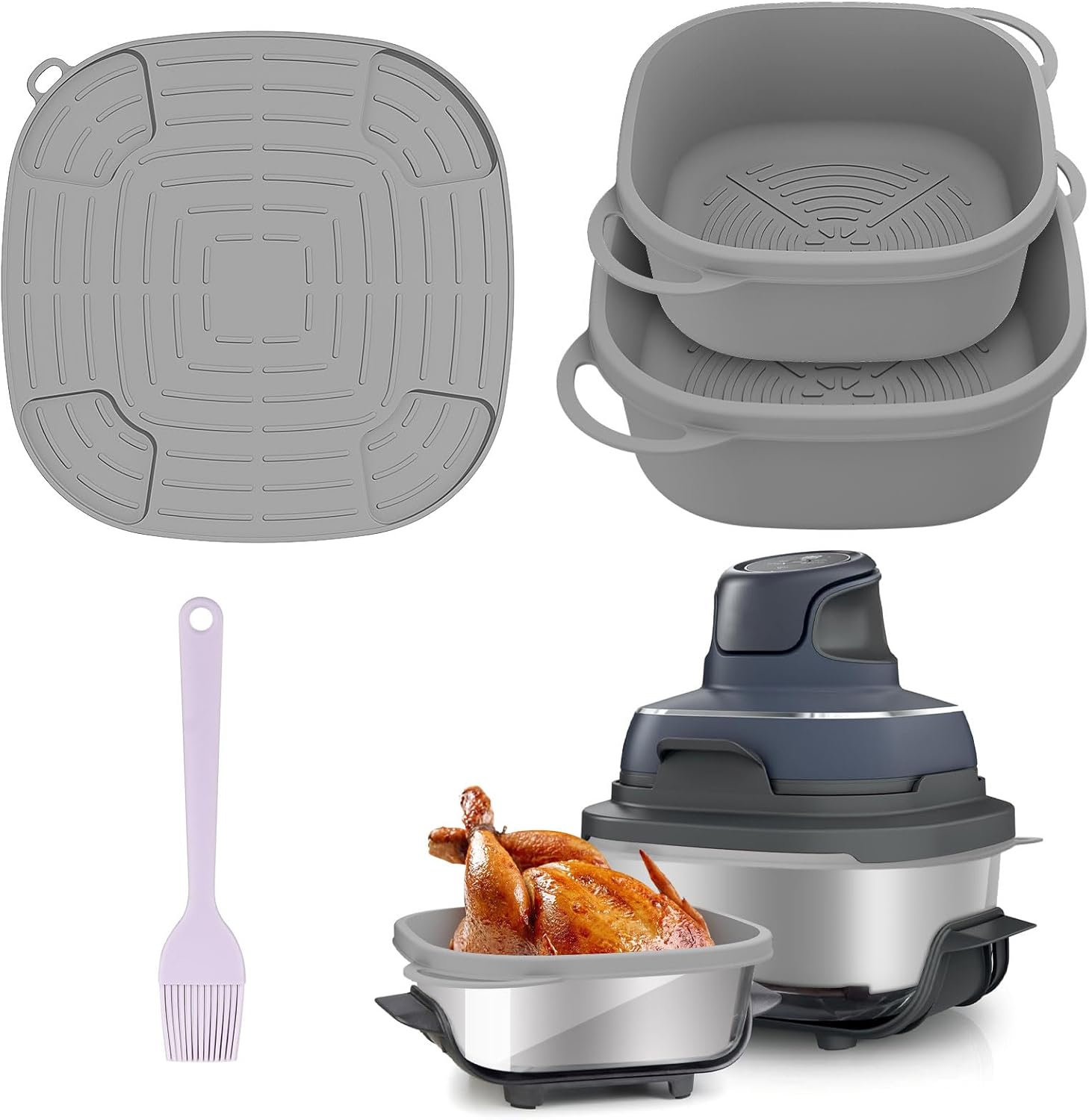 FN101GY Silicone Air Fryer Liners for Ninja Crispi Glass Basket – Full-Coverage 4QT 6QT Reusable Nonstick Containers with Heat Mat and Oil Brush FN101GY Silicone Air Fryer Liners for Ninja Crispi Glass Basket – Full-Coverage 4QT 6QT Reusable Nonstick Containers with Heat Mat and Oil Brush