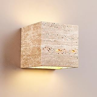 Outdoor/Indoor Stone Sconces, Exterior IP65 Waterproof Yellow Travertine Wall Lamp, Up and Down 3000K Warm White Lighting Fixtures, Japanese Wabi-Sabi Style Marble Wall Light