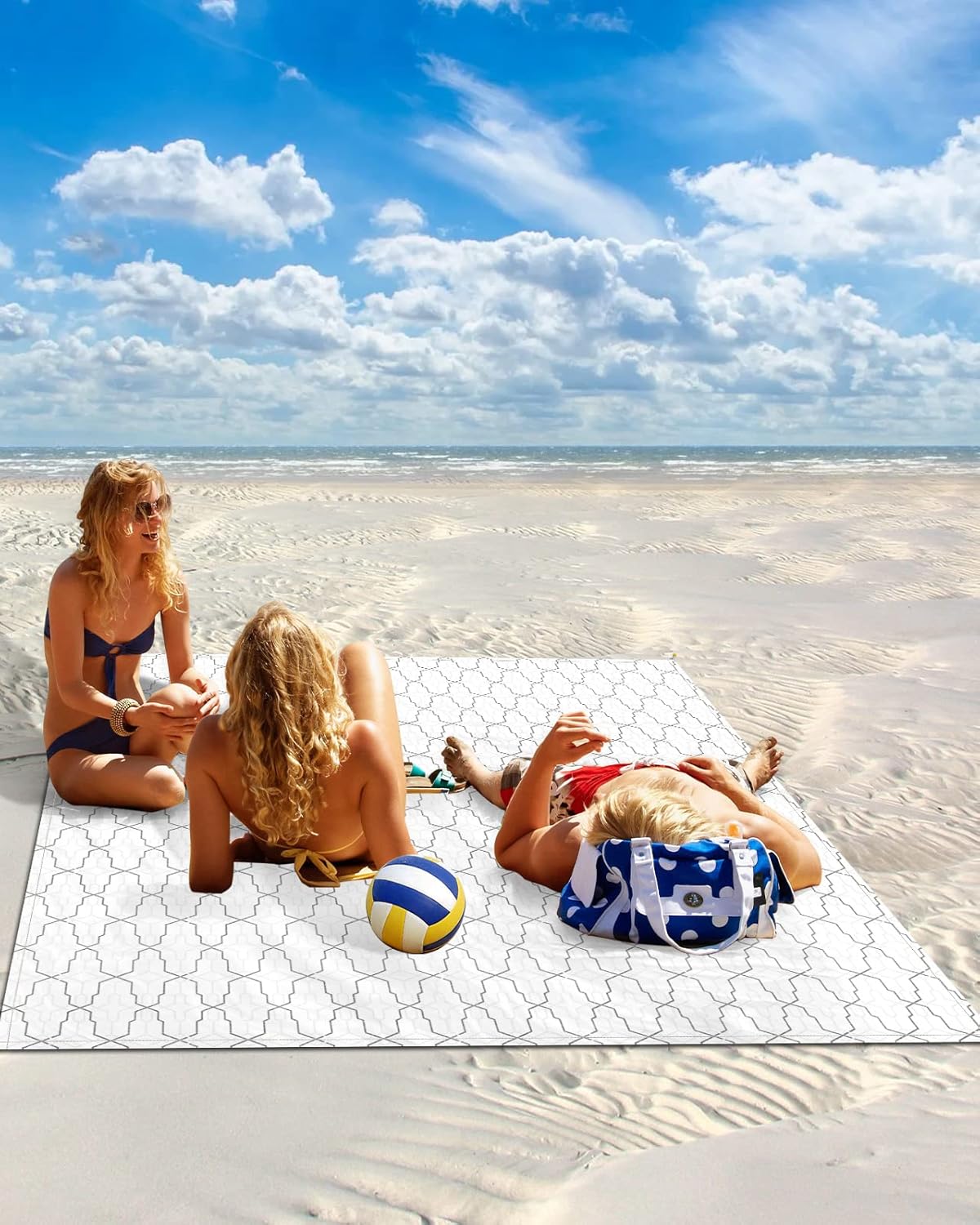 Geometric Grey Lines Plaid Beach Blanket Waterproof Sandproof Outdoor Picnic Mat 108"x84" Modern Minimalist Lightweight Large Beaach Blankets with 4 Stake & 4 Corner Pockets
