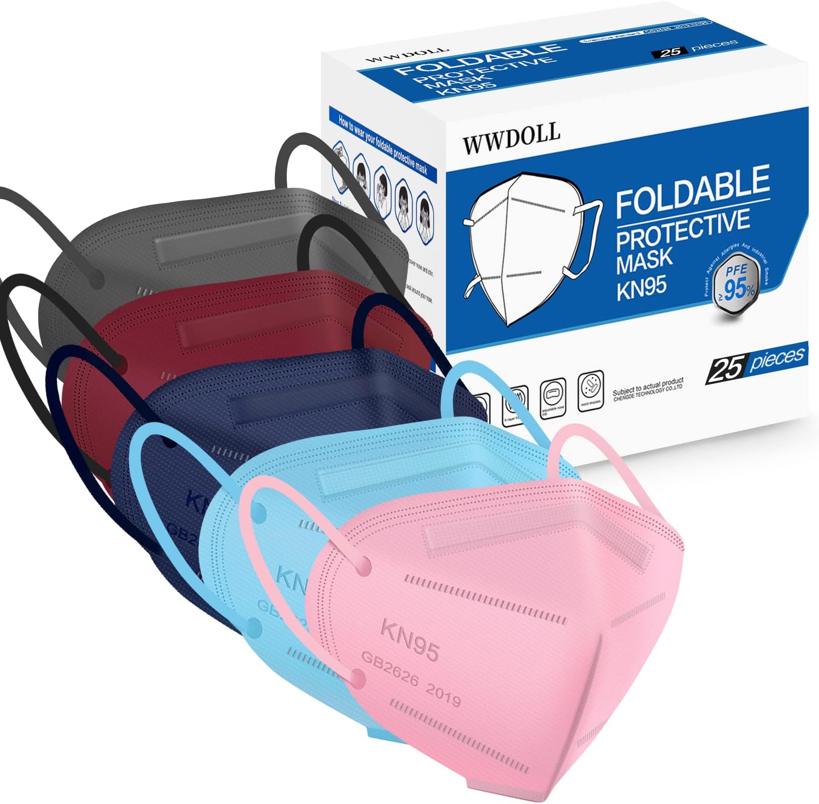 WWDOLL KN95 Face Mask 25 Pack, 5-Layers Breathable Disposable KN95 Masks