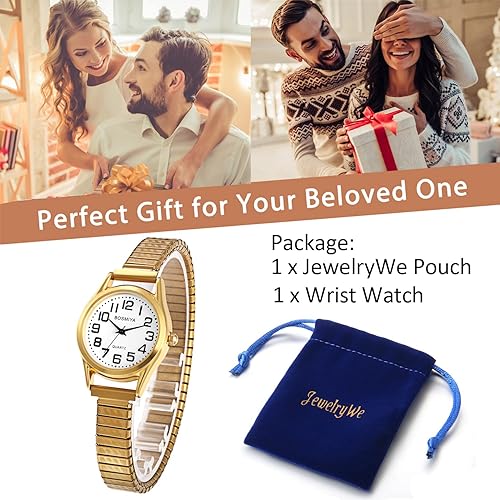Miniatura 6 de JewelryWe Reloj de pulsera con esfera grande para mujer, color dorado, plateado, banda elástica para Navidad