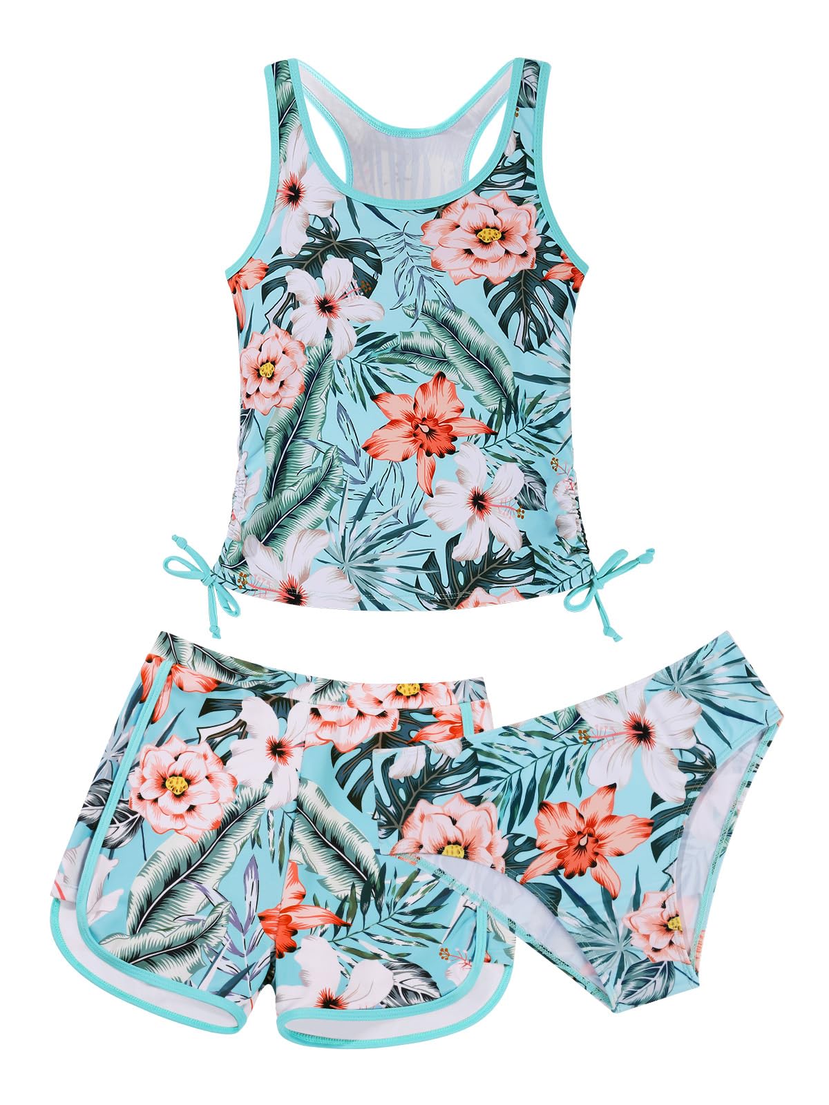 Mädchen 3-teiliger Badeanzug Sommer Racerback Top Bikini Badeanzug mit Shorts Strand Tankini Sets
