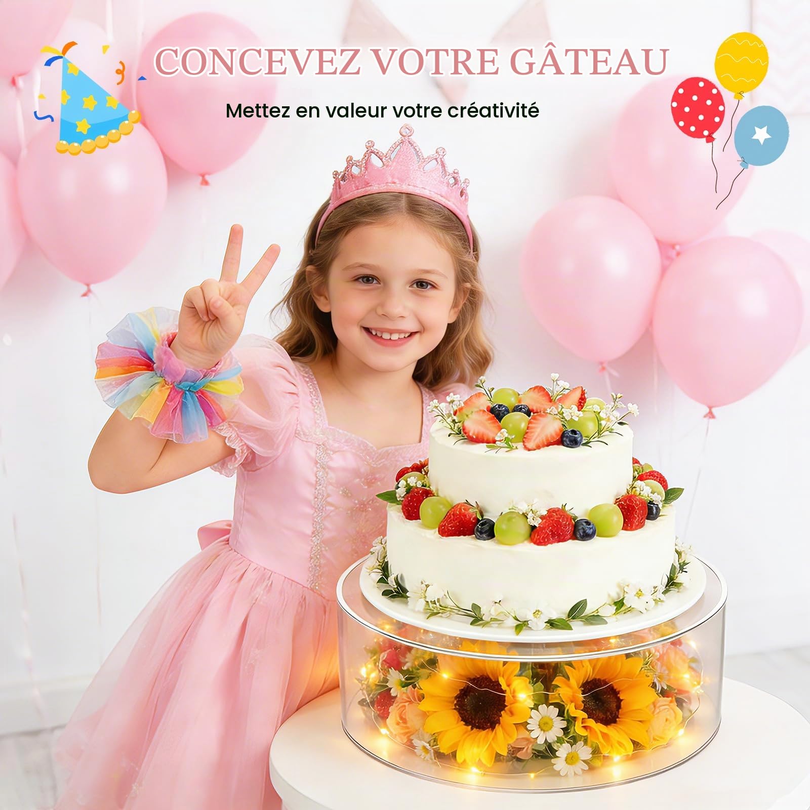 Présentoir à Gâteau 3 Etages en Acrylique, Plateau à Gâteaux Rond Transparent Remplissable avec 3 Bandes Lumineuses LED (Piles Non incluses) Boîtes de présentation empilables pour Mariages, Fête