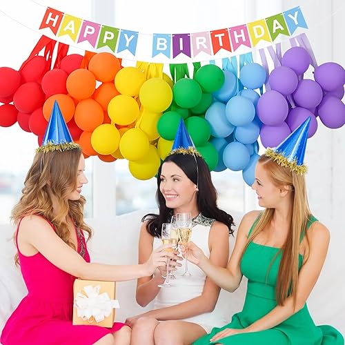 Miniatura 5 de Decoraciones de fiesta de cumpleaños arcoíris para niñas y mujeres, juego de 60 globos de arcoíris de 10 pulgadas, telón de fondo de papel crepé de