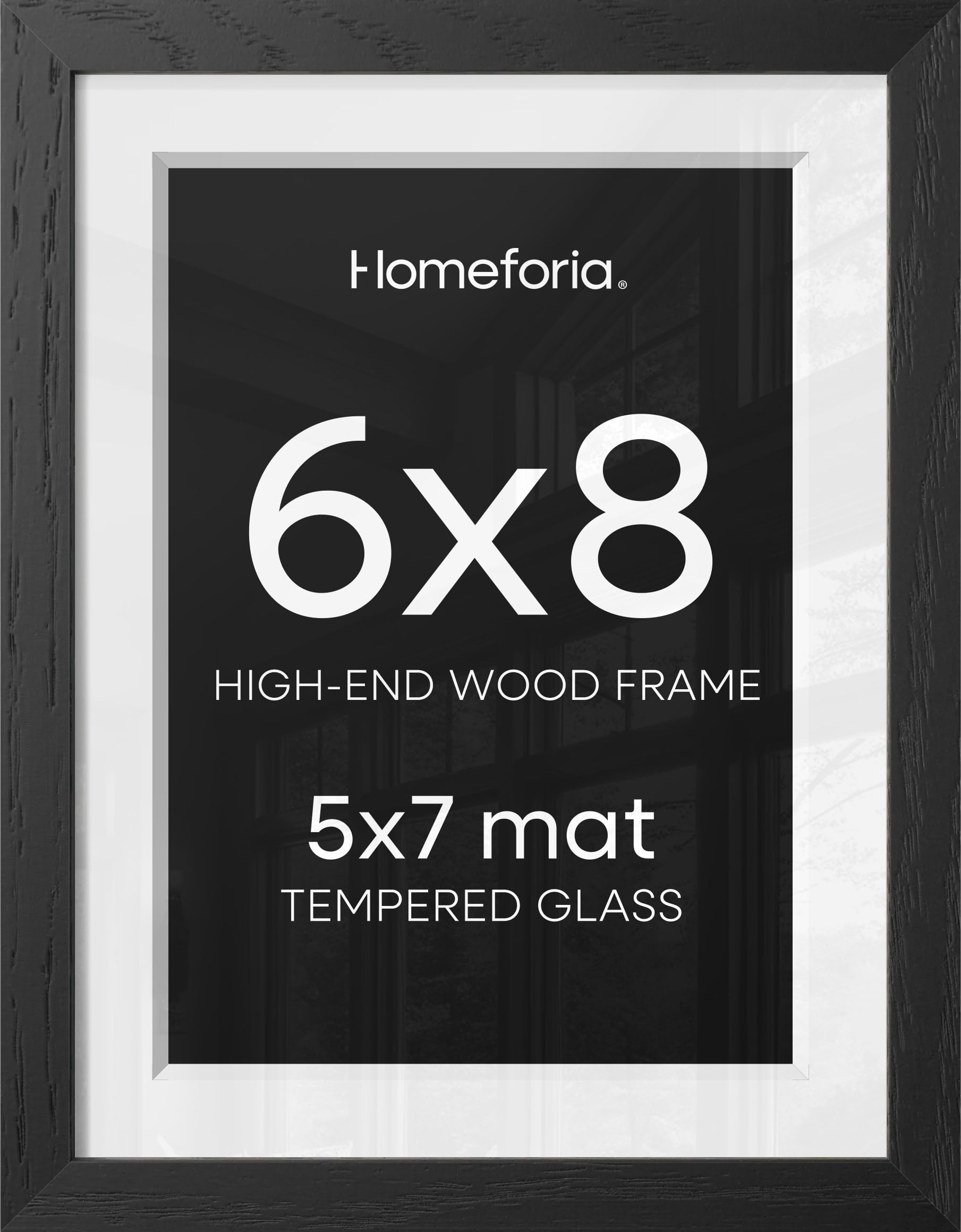 Homeforia 6x8 Black Oak Picture Frame, High-End Wood, 5x7 Mat, Glass | High End Solid Oak Wood, Tempered Glass, Acid-Free 5x7 Removable Mat, 6x8 Edge-to-Edge Display 8x6, Wall Kit, Set Of 1