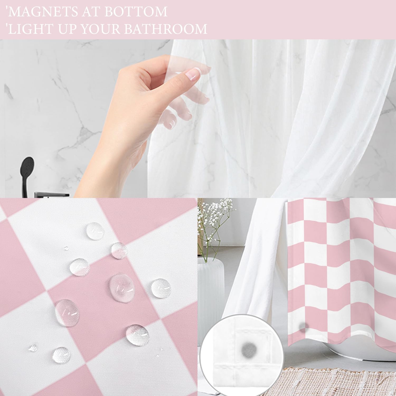 Tititex No Hooks Snap in Liner White Blush Pink Checkerboard Shower Curtain Sets, Hotel Luxury Grid Double Layers Waterproof Fabric & See-Through Top Window Bathroom Decorative 72x72 Inch