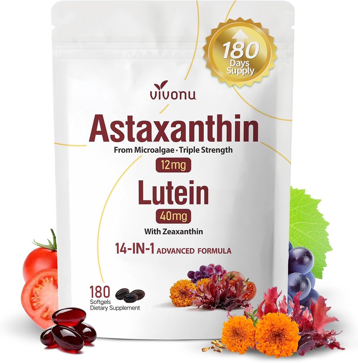 14-in-1 Astaxanthin 12mg & Lutein 40mg with Zeaxanthin Supplements, 6 Month Supply, Fresh Microalgae Source, Supports Eye, Skin, Antioxidant, Joint, Circulatory Health Non-GMO Gluten Free 180 Softgels
