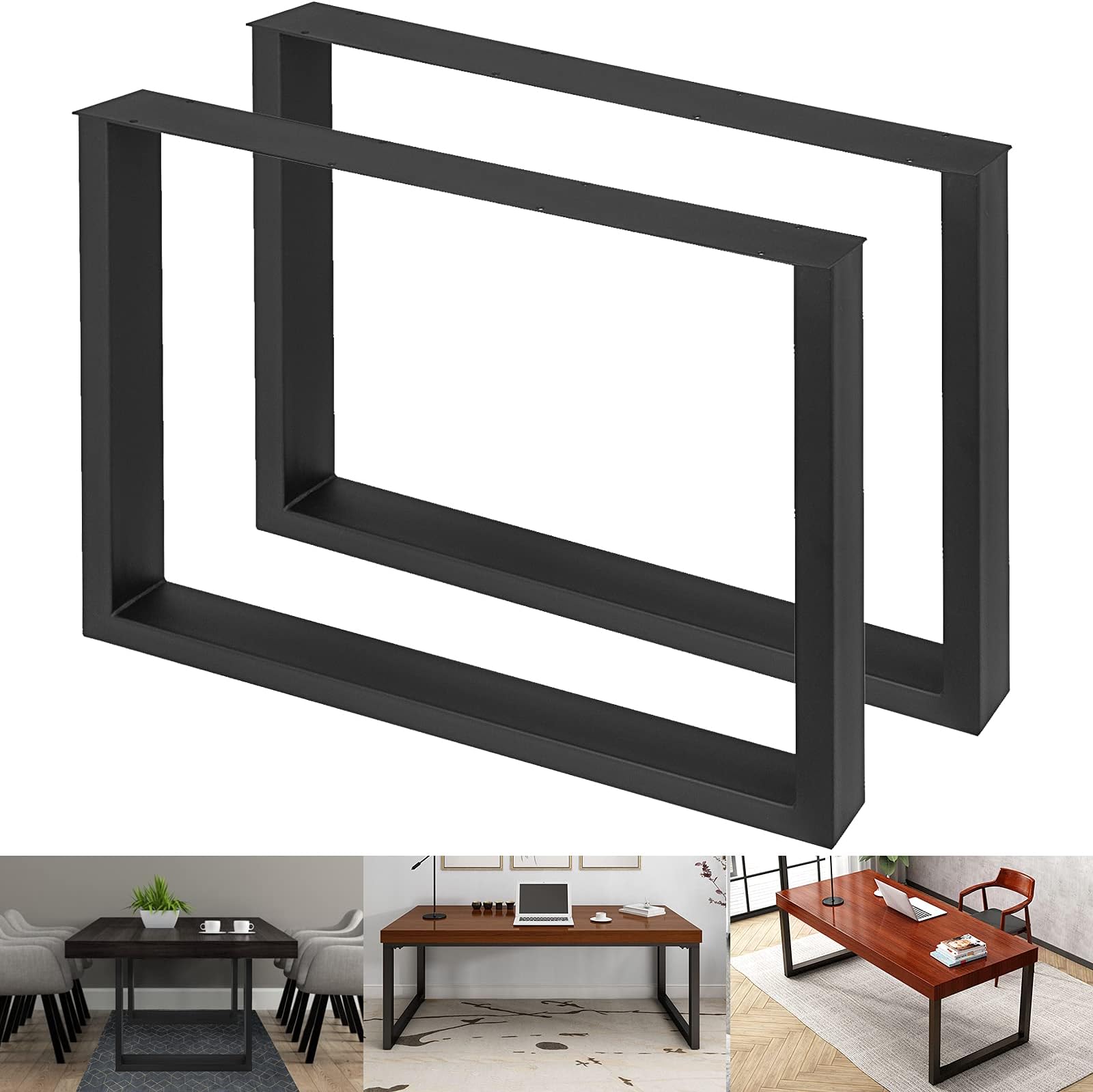 VEVOR Set of 2 Steel Table Legs, 28 Height 24 Wide Dining Table Legs,Heavy Duty 3.1" Width Box Section Square Table Legs,28x24x3.1 Inch Black Color Industrial Country Style Metal Dining Legs