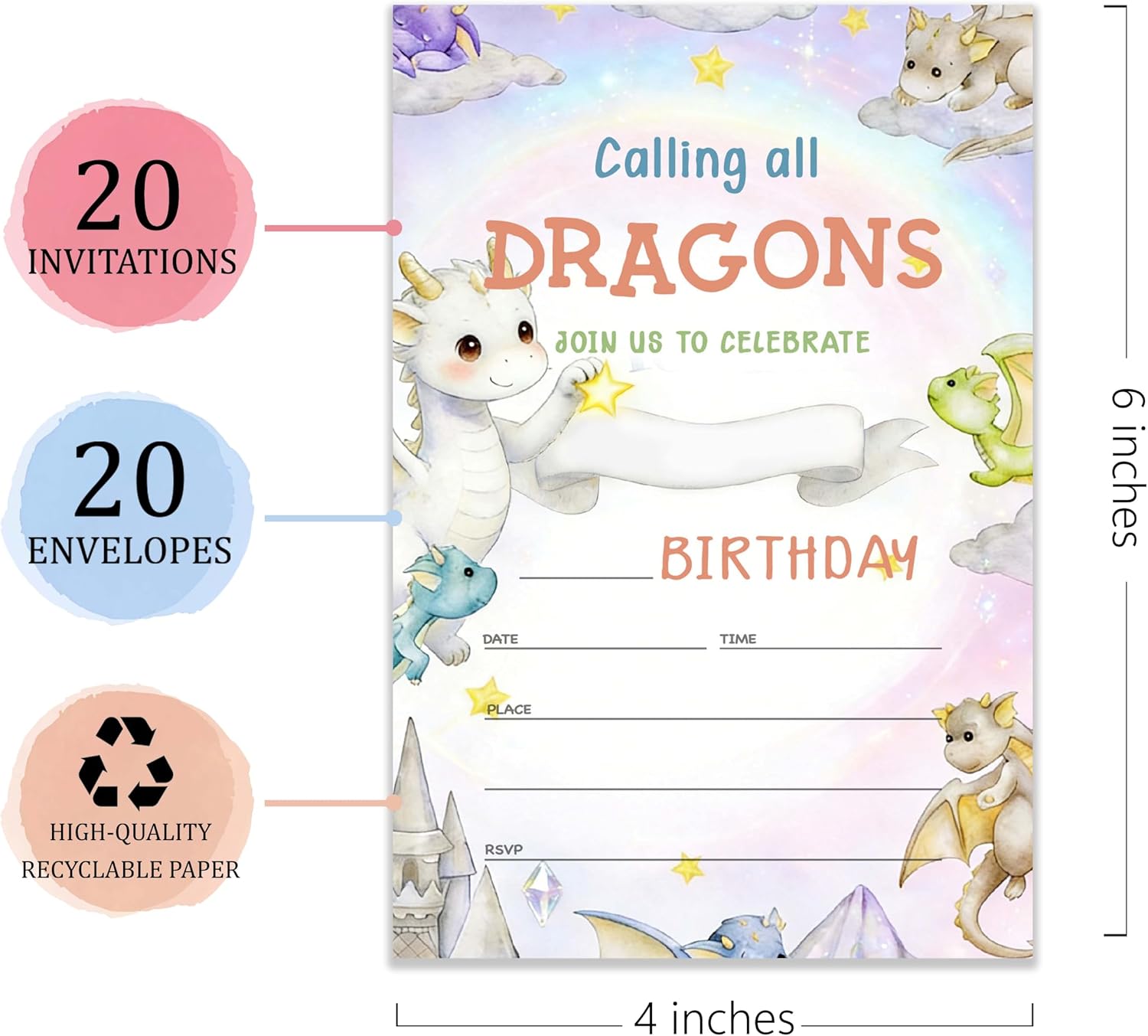 4x6 Calling All Dragons Watercolor Dragon Birthday Invitation Set (20 Cards + 20 Envelopes)-Magical Pastel Dragon Party Invitations.(113)