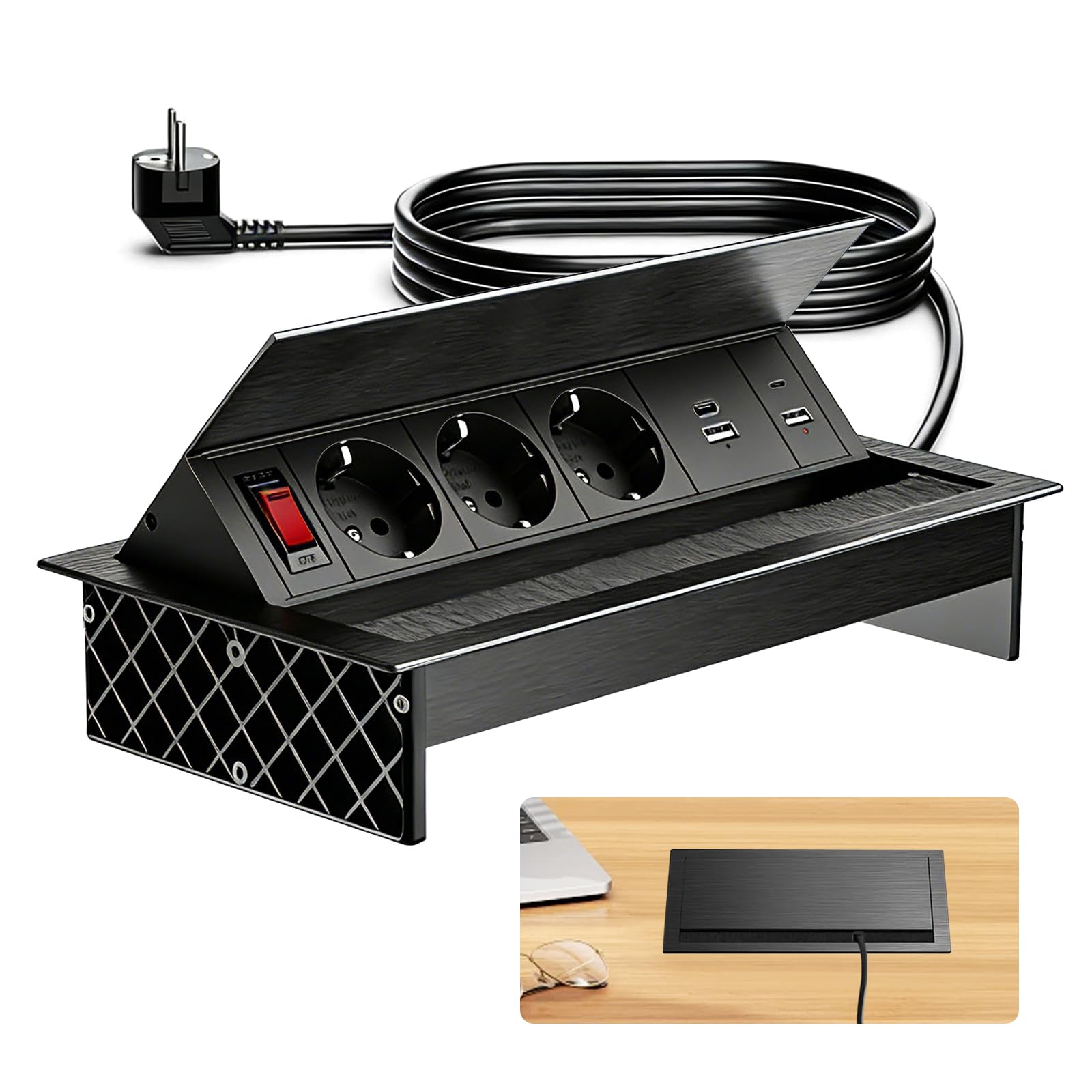3 Fach Versenkbare Steckdosenleiste mit 2 Type-C PD 30W und 2 USB, Aluminium Einbausteckdose Versenkbar mit Schalter,Tischsteckdose Winkel Verstellbar für Küche, Arbeitsplatte,1,8M Kable