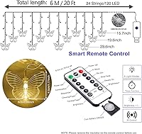 Vista 4 de Cortina de luces de mariposa de 20 pies, 120 luces LED para ventana, luces de hadas USB, 24 mariposas, 8 modos con control remoto para habitación