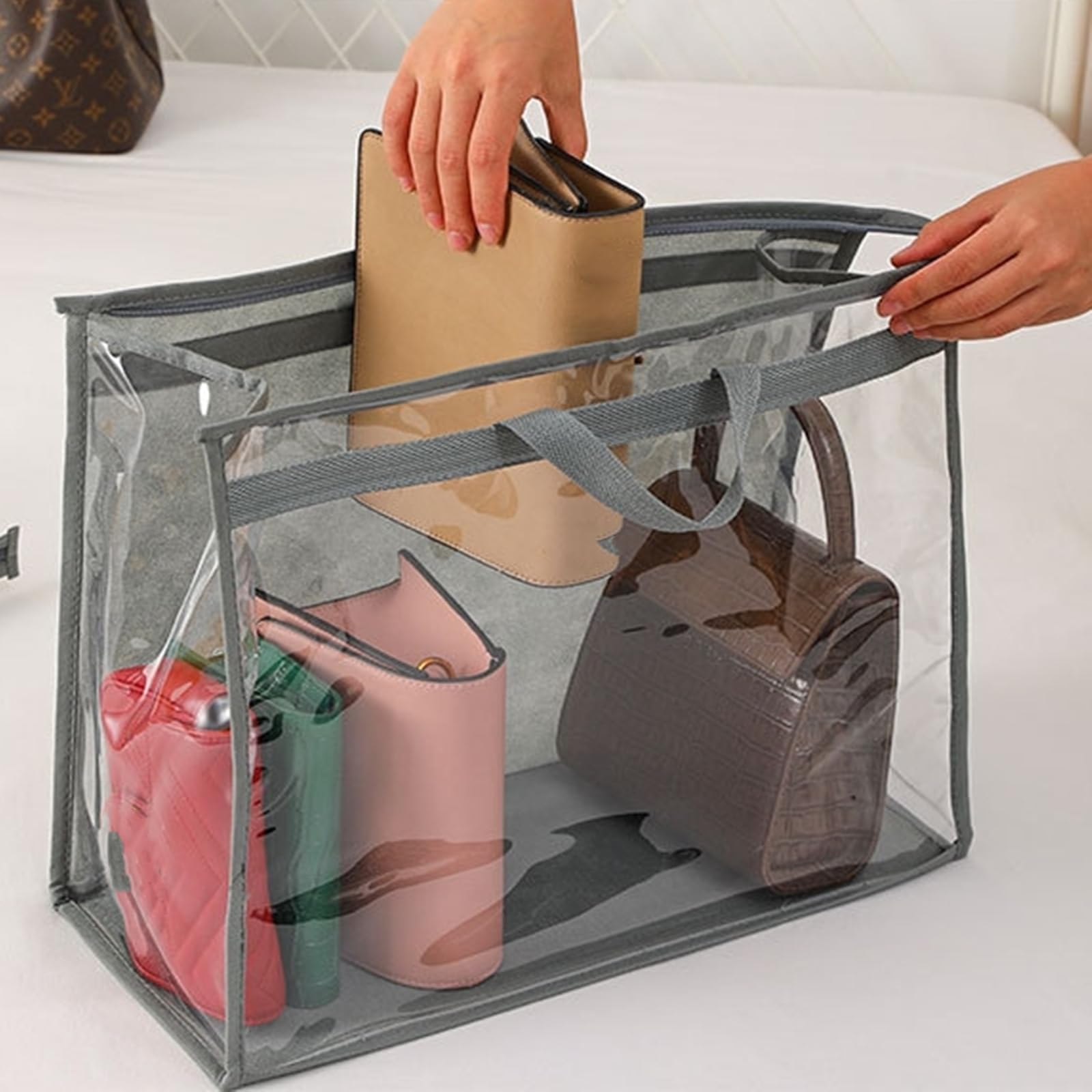 Paquete de 12 bolsas de polvo para bolso, bolsa organizadora de almacenamiento transparente para armario con cremallera y asa, bolsa de 4 tamaños para colgar contra el polvo para bolso,