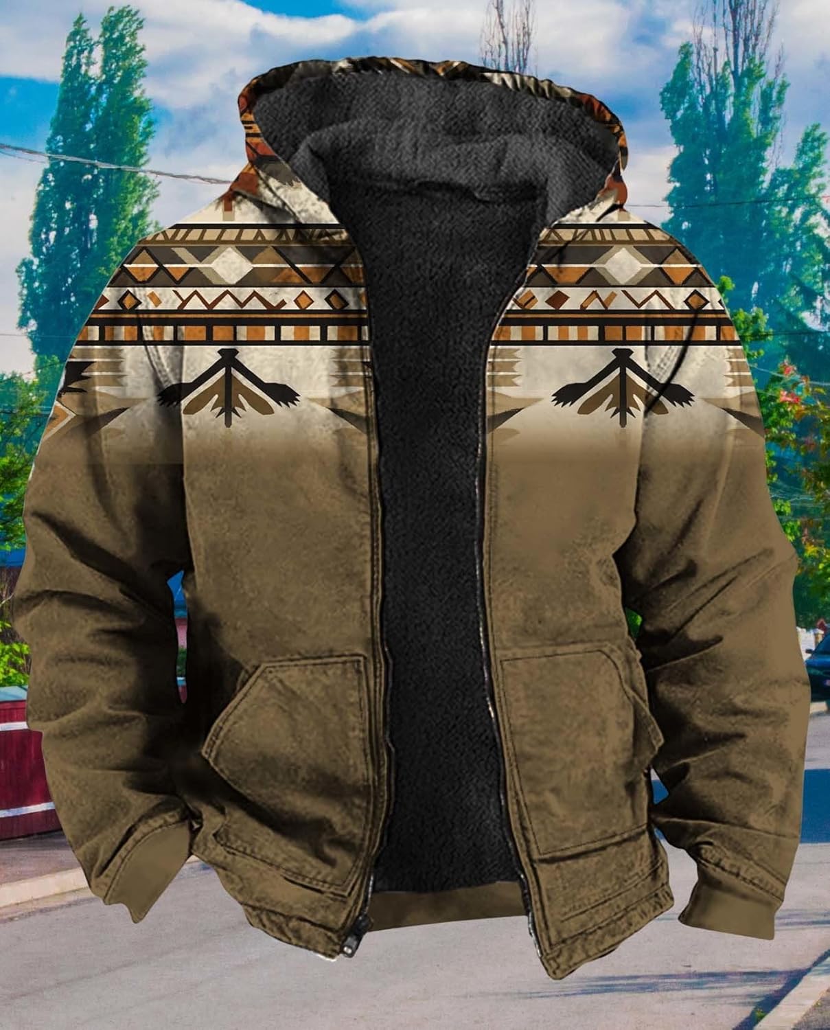 Mens Geometric Print Fleece Lined Hooded Jacket Full Zip And Functional Pockets Keep You Cozy This Winter - Image 5