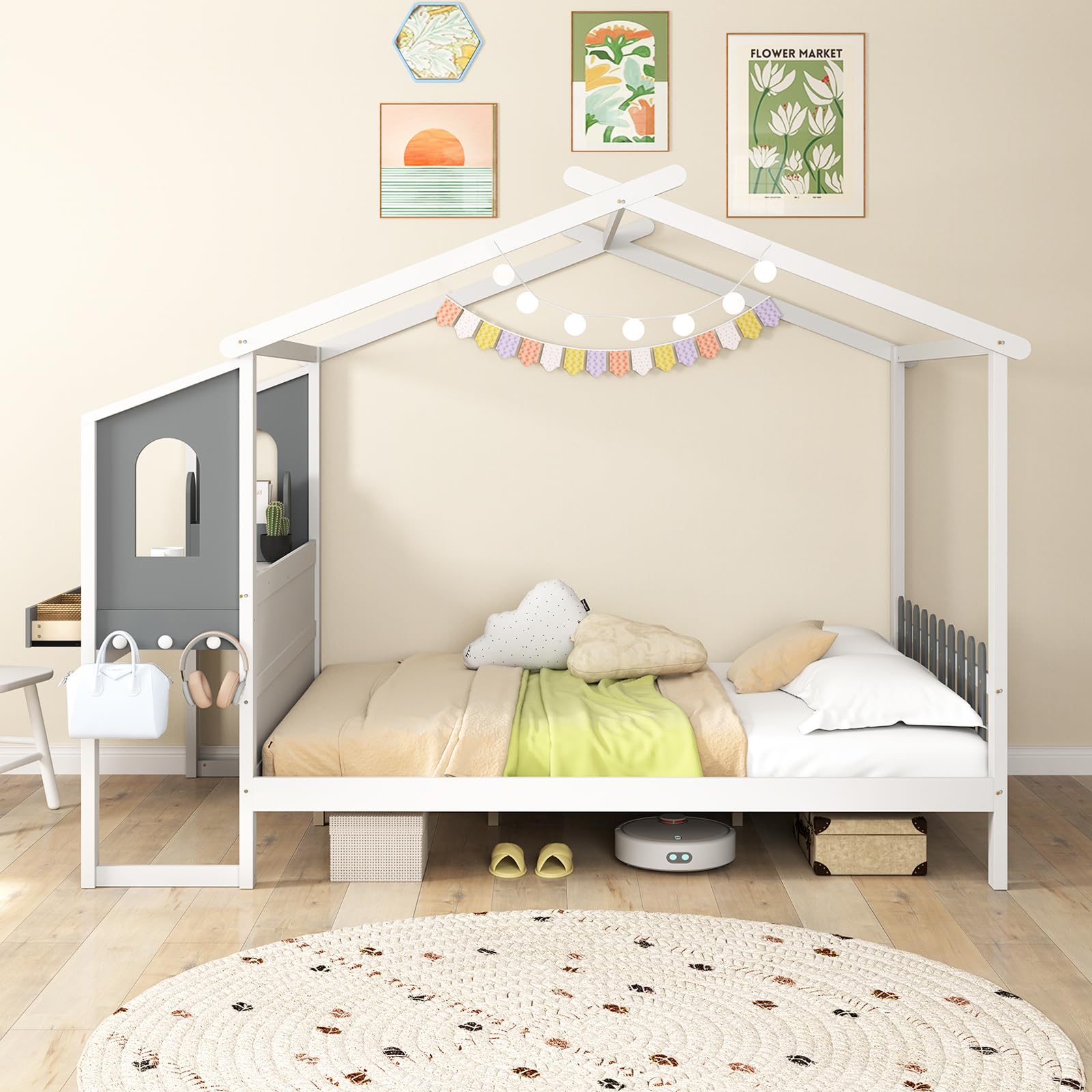 COSTWAY Lit Cabane Enfant 140 x 200 cm avec Grand Bureau, Lit Maison Double en Bois avec sommier à Lattes, Crochets et Tiroirs, Cadre de Lit Plateforme pour Garçon et Fille, Blanc et Gris