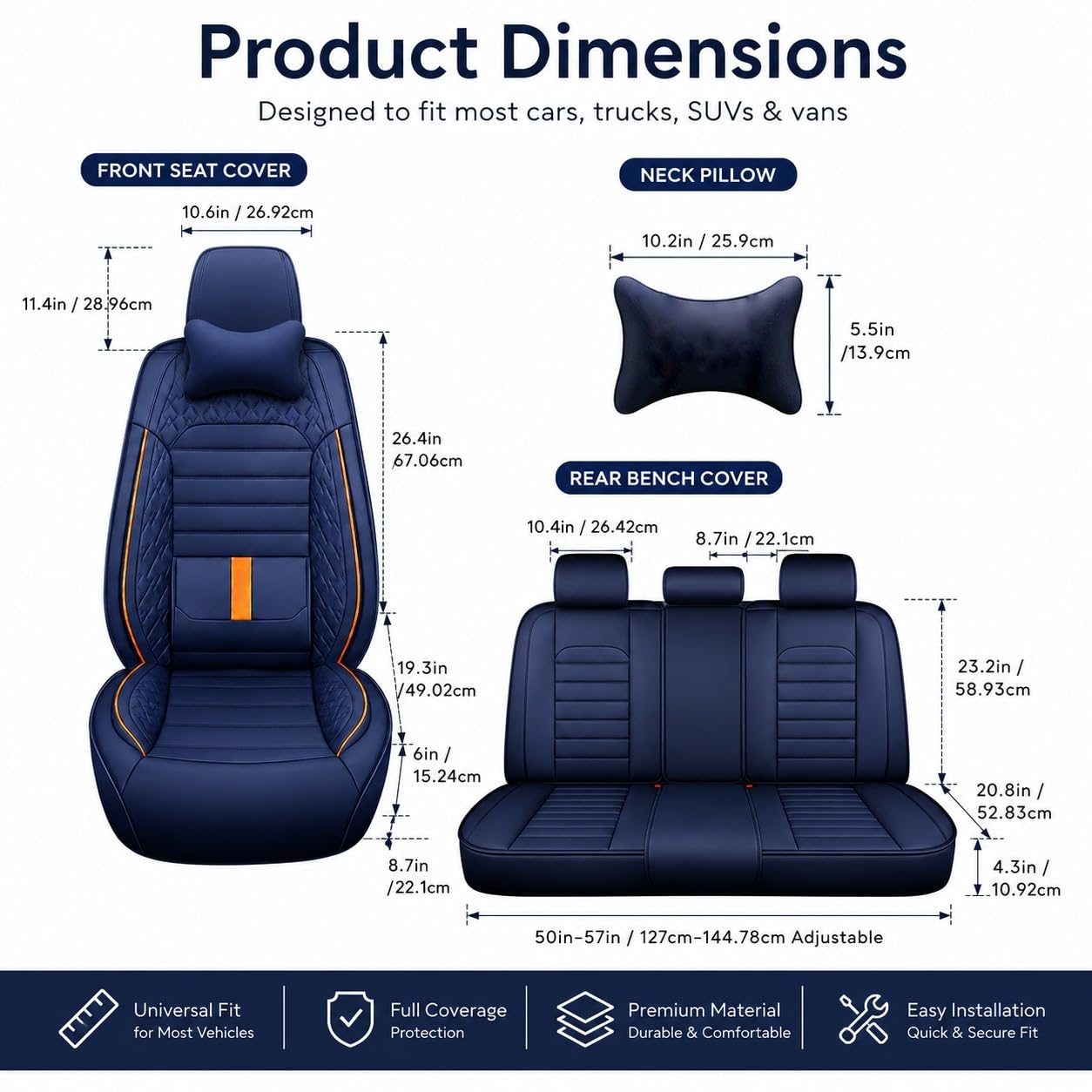 Juego completo de fundas de asiento de coche de piel sintética transpirable para asientos delanteros y traseros, incluye reposacabezas, reduce la fatiga del conductor, se adapta a la mayoría de los