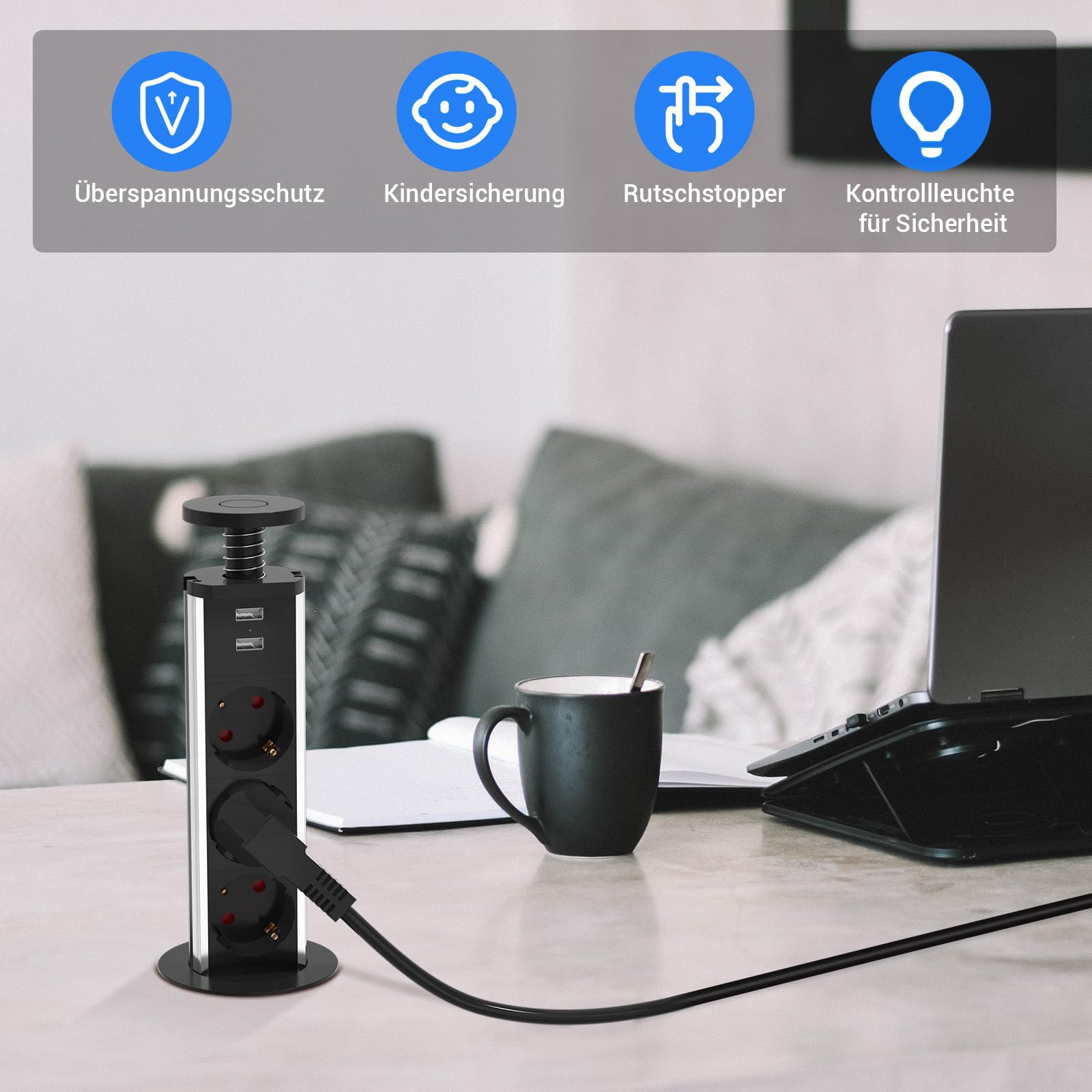 2 Stück 3 Fach Versenkbare Steckdose mit USB, Einbausteckdose Ø60 mm | Mit Überspannungsschutz, Kindersicherung und 1,8 m Kabel für Arbeitsplatte, Schreibtisch und Küche