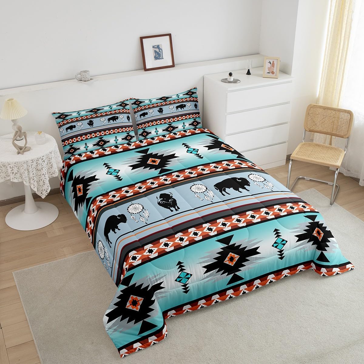 Erosebridal Aztec Bedding Set Twin,Southwestern Highland Cow Duvet Insert Cowgirl Cowboy Longhorn Bull Cattle Comforter Set Western Animals Quilt Farmhouse Wildlife Boho Decor,Black Green