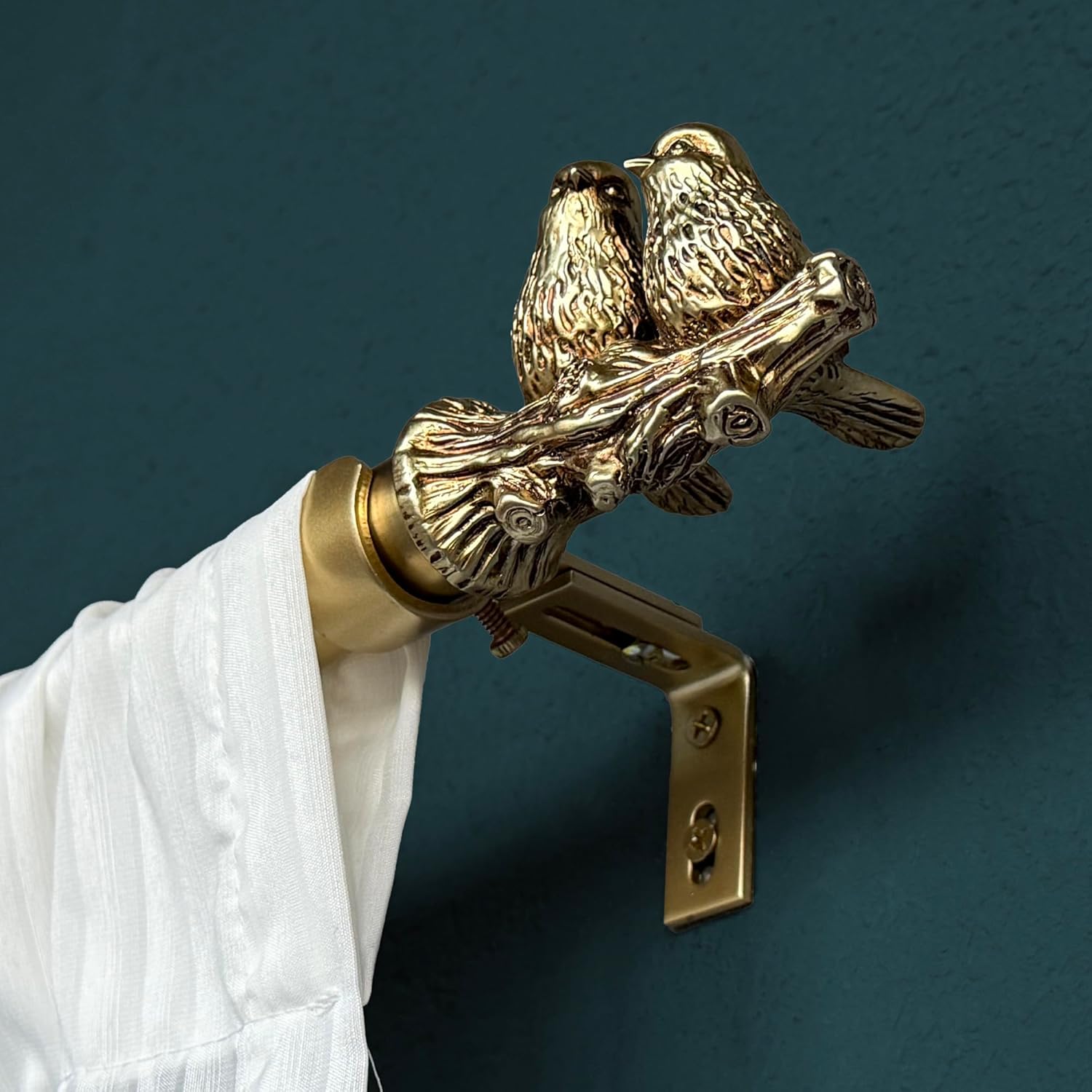 1 Inch Single Curtain Rods 72 to 144 Inches Adjustable Drapery Rods for Window width 68 to 140 Inches, Twin Birds on Twig Finials, Brushed Gold