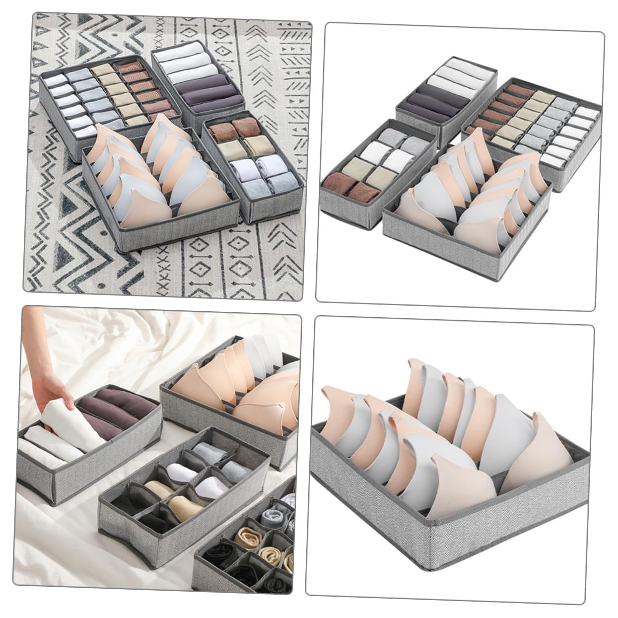 VILLCASE 4 pezzi Organizer Cassetti Intimo Pieghevole in Tessuto Grigio Divisori Multiuso per Mutande Reggiseni e Calzini Contenitori Compatti Resistenti e Antistrappo per Armadio