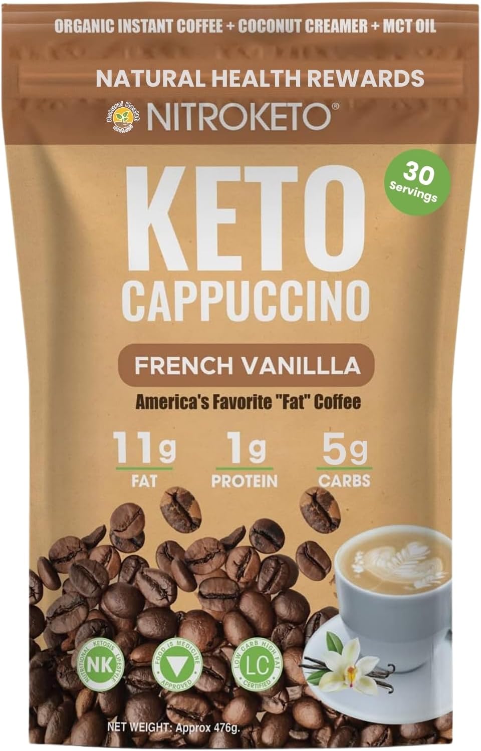 Keto Cappuccino - French Vanilla Coconut Cream - Keto Instant Coffee Mix with MCT Oil - Low Carb/High Fat, Organic Coffee Supports Ketosis - Energy - No Sugar - Made in USA - 30 Servings